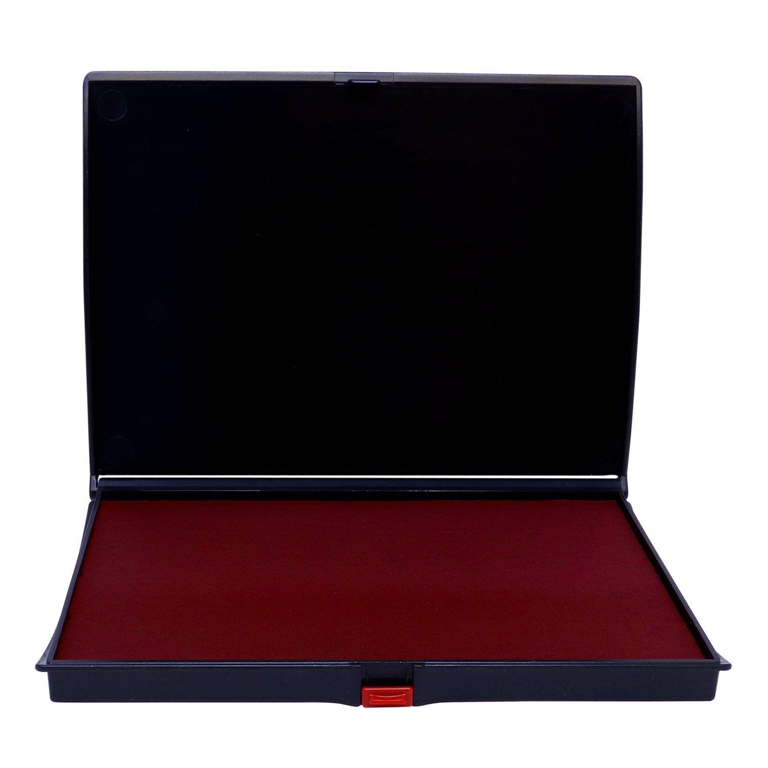 Rubber Stamp Ink Pad 3 Size 4-1/2 x 7-1/4, red ink, open black case with a red latch, ready for use.