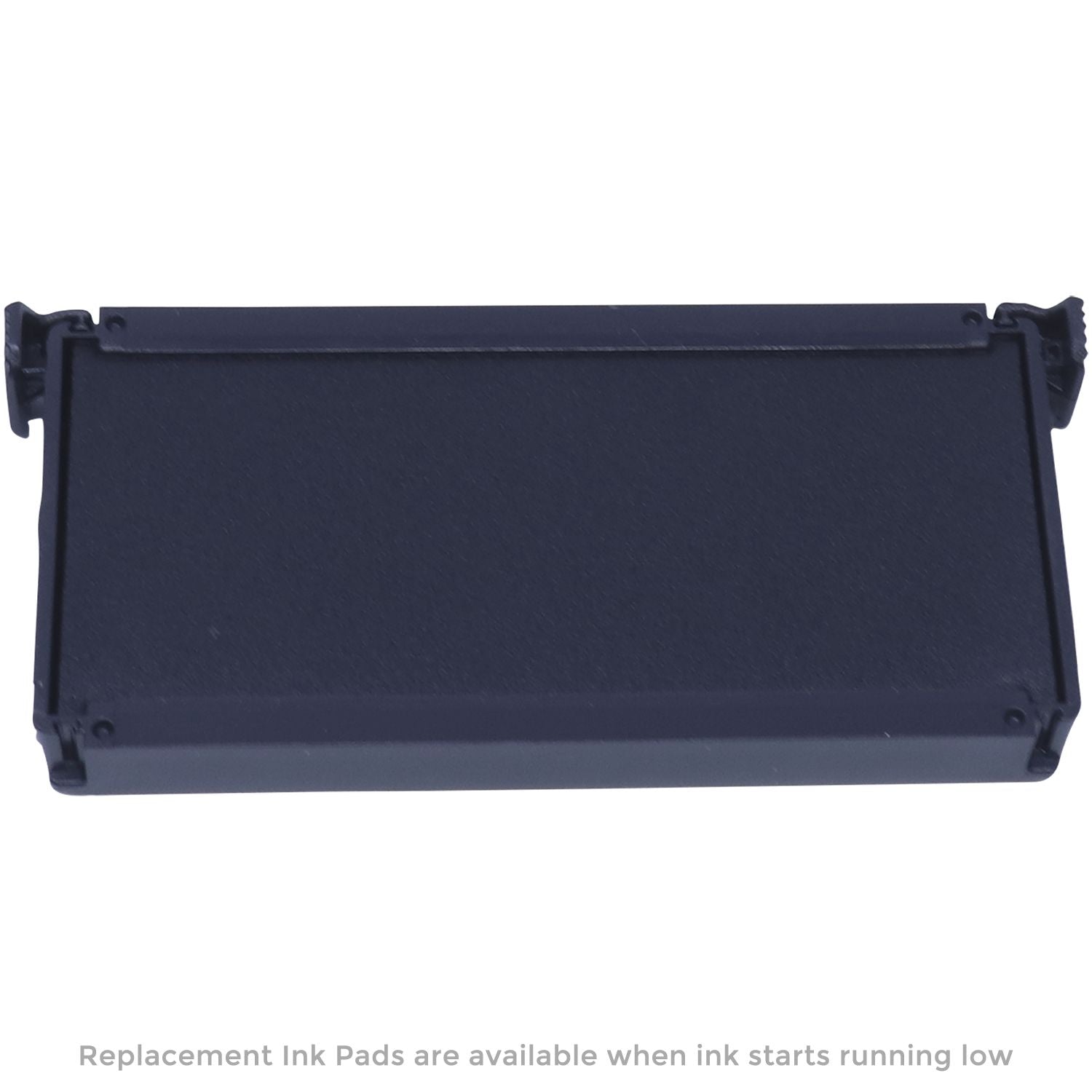 Self Inking Savings CDs Stamp replacement ink pad, black, rectangular shape, with text Replacement Ink Pads are available when ink starts running low.