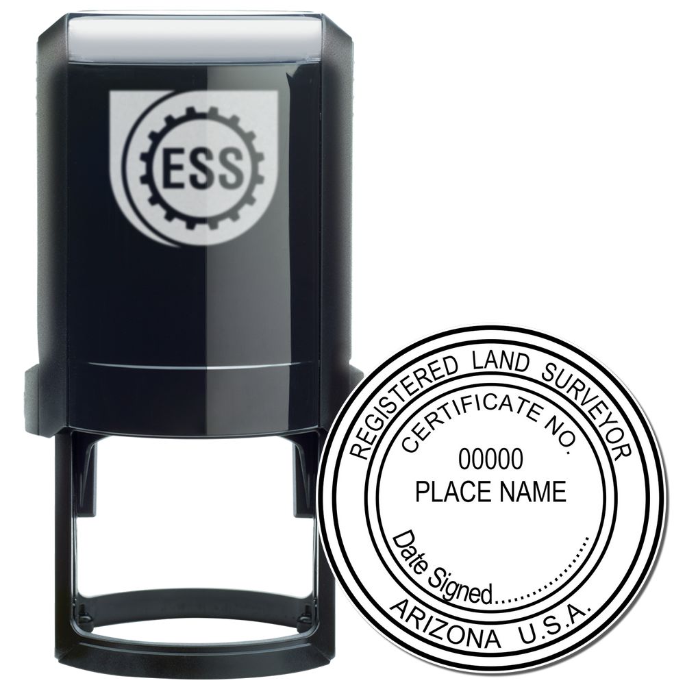 Self Inking Arizona Land Surveyor Stamp, black with a circular imprint design, featuring Registered Land Surveyor and space for certificate details.