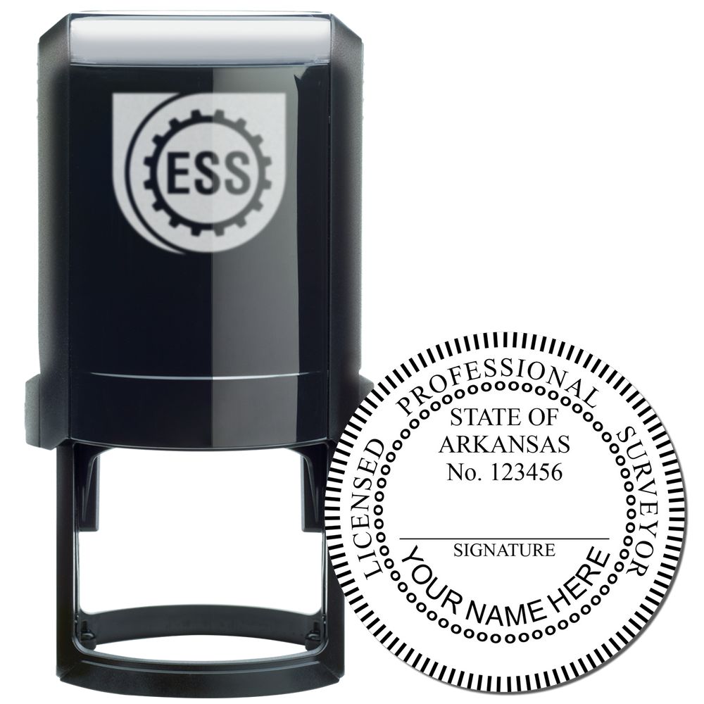 Self Inking Arkansas Land Surveyor Stamp with ESS logo and circular imprint design for licensed professionals.