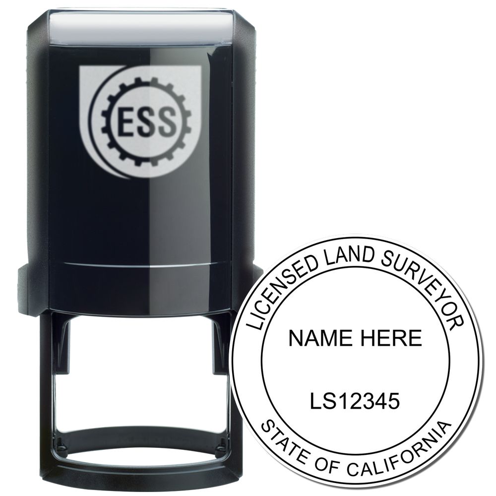 Self Inking California Land Surveyor Stamp with ESS logo, black casing, and sample imprint showing licensed land surveyor details.