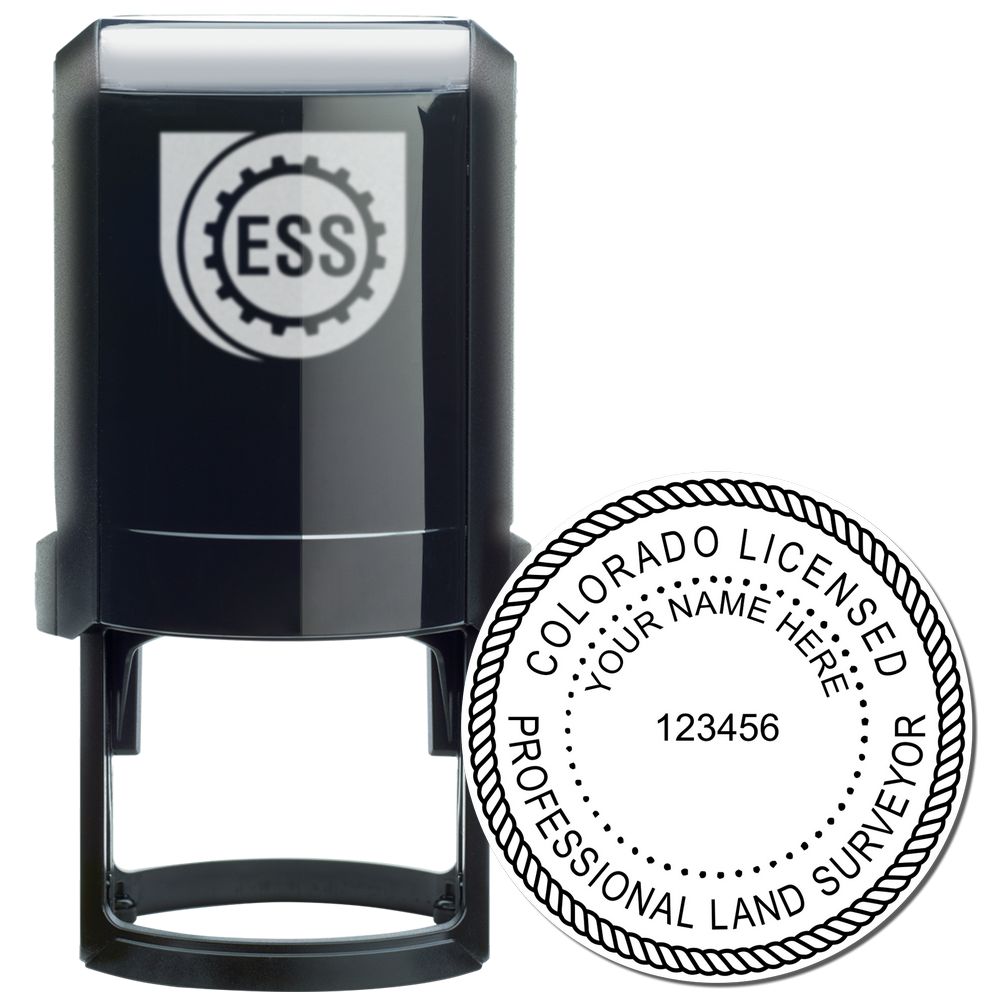 Self Inking Colorado Land Surveyor Stamp with a black handle and a circular imprint design showing Colorado Licensed Professional Land Surveyor .