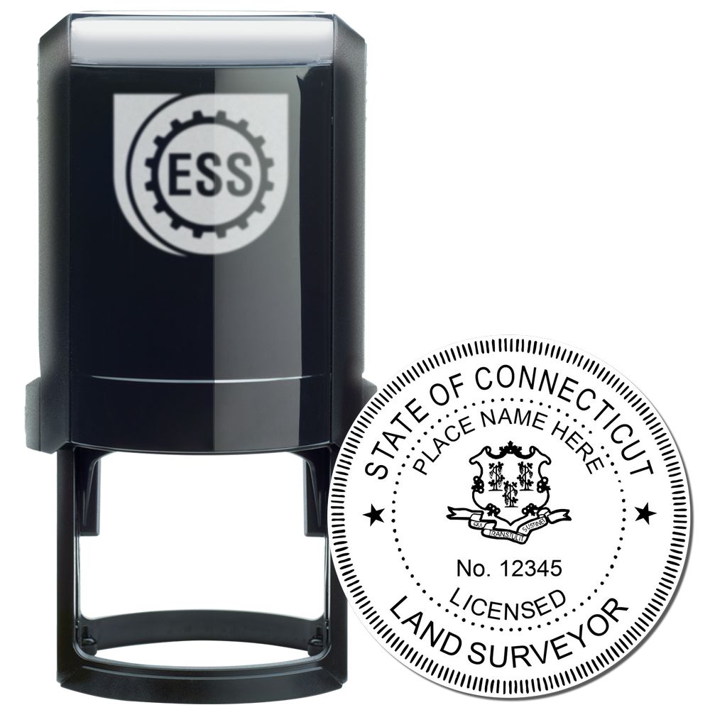 Self Inking Connecticut Land Surveyor Stamp, black casing, with a round imprint showing state seal and State of Connecticut Land Surveyor .