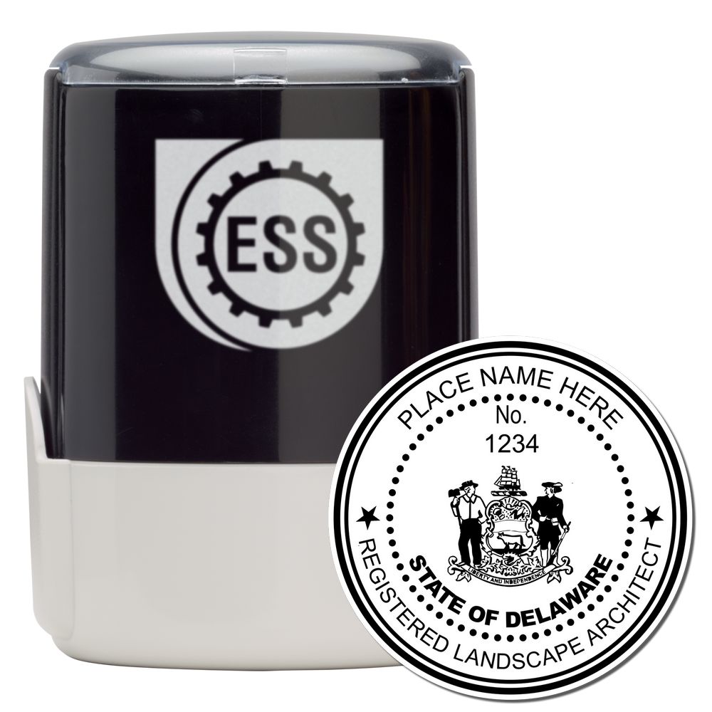 The main image for the Self-Inking Delaware Landscape Architect Stamp depicting a sample of the imprint and electronic files