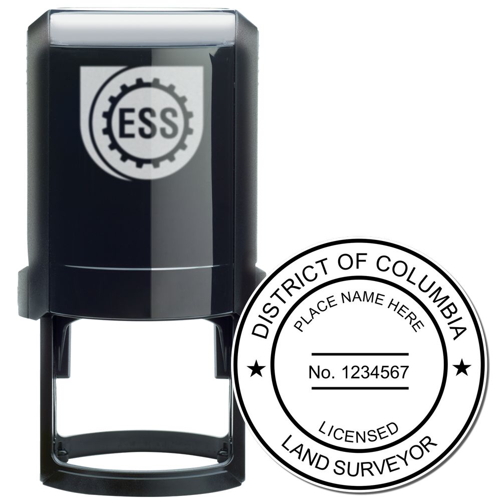 Self Inking District of Columbia Land Surveyor Stamp with a black casing and circular stamp design showing licensing details.