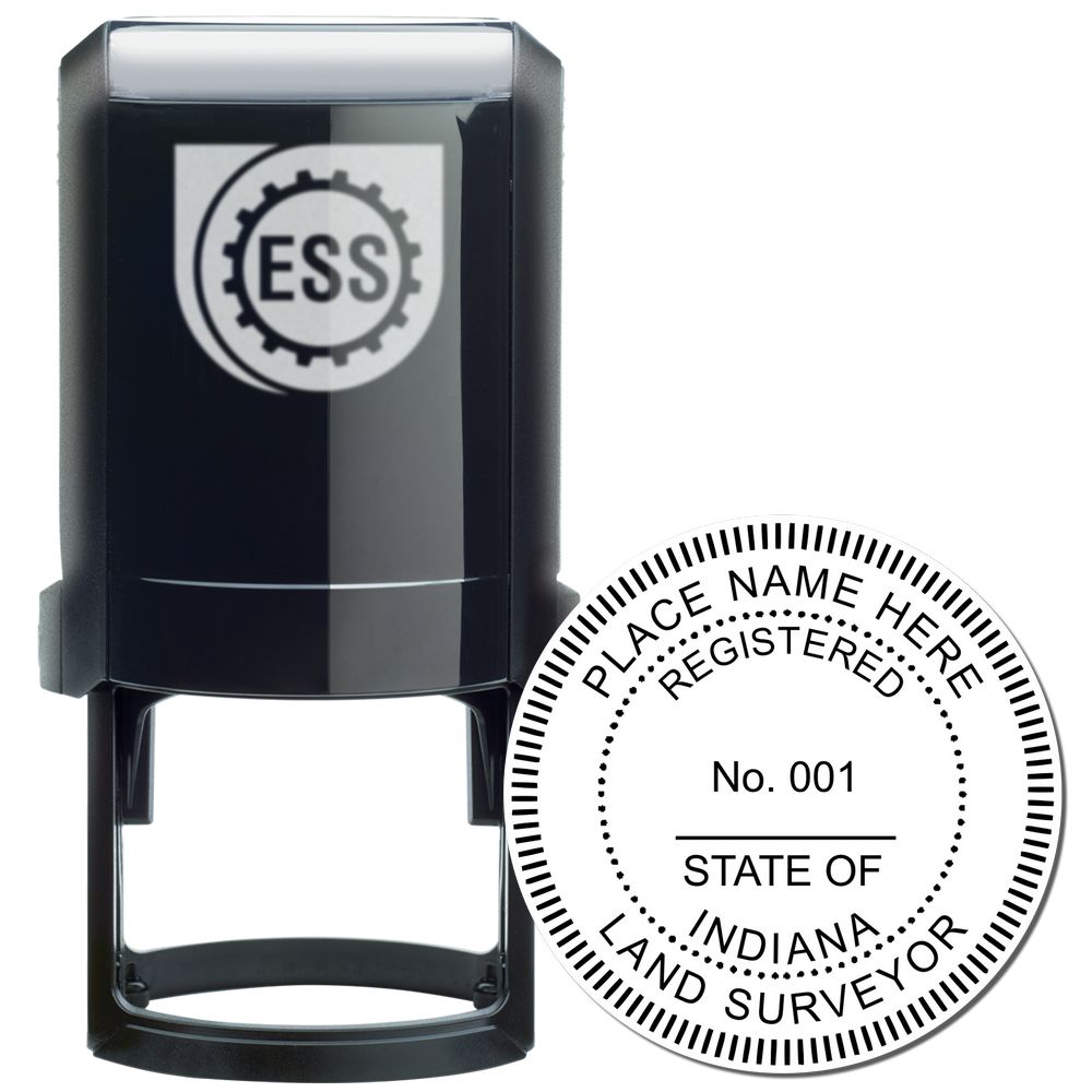 Self Inking Indiana Land Surveyor Stamp with black casing and circular imprint design, featuring customizable text and registration number.