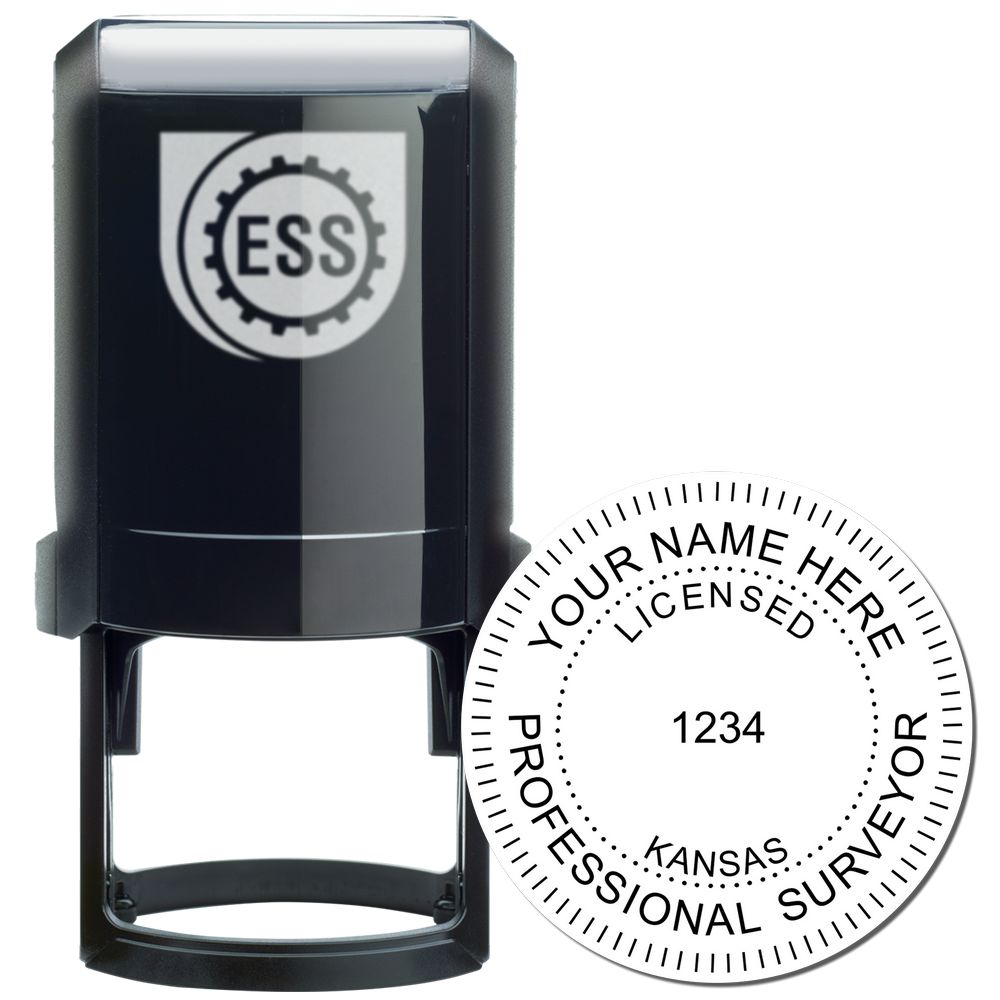 Self Inking Kansas Land Surveyor Stamp with ESS logo and customizable text for licensed professional surveyors in Kansas.