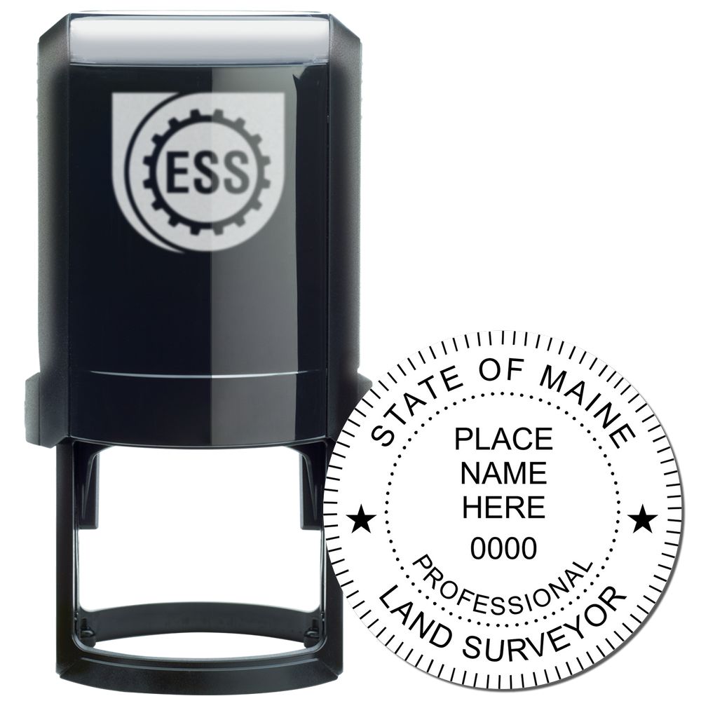 Self Inking Maine Land Surveyor Stamp, black casing, round imprint with State of Maine and customizable text for name and number.