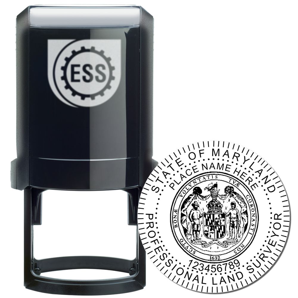 Self Inking Maryland Land Surveyor Stamp with black casing and detailed circular imprint design featuring state seal and customizable text.