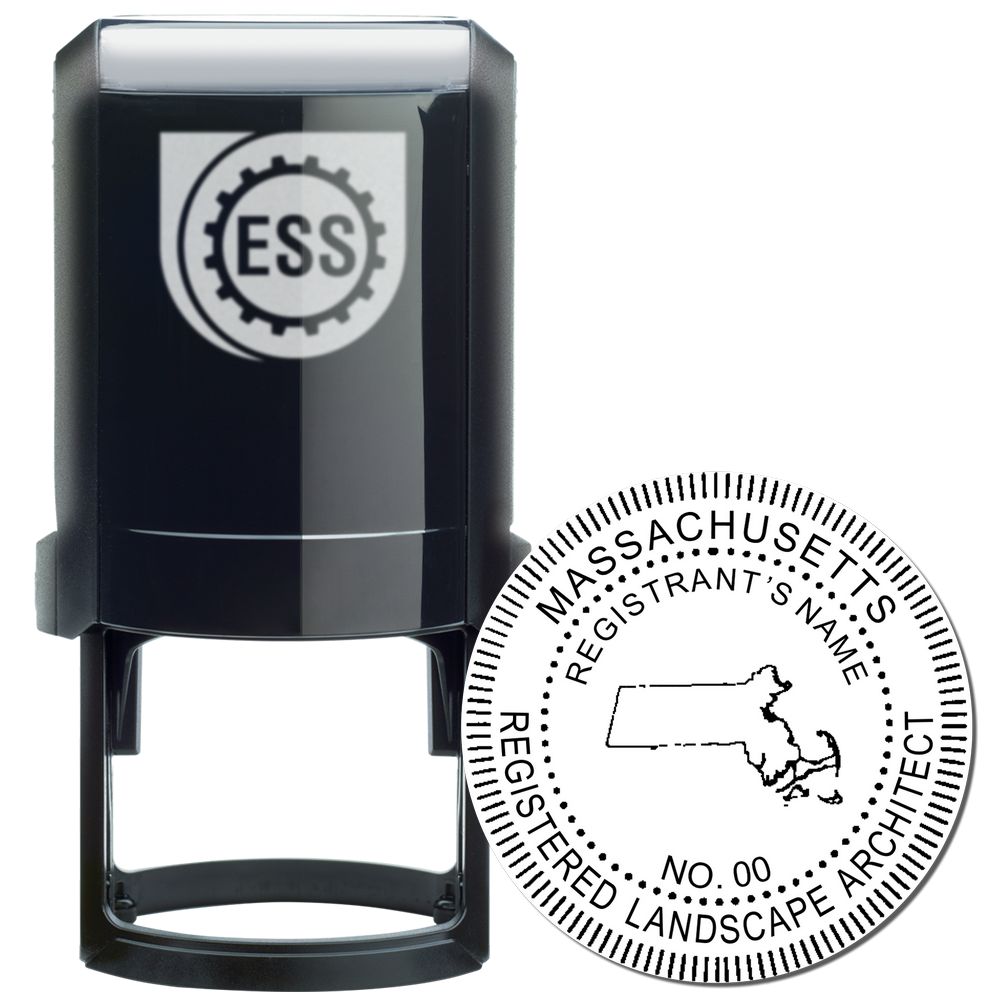 The main image for the Self-Inking Massachusetts Landscape Architect Stamp depicting a sample of the imprint and electronic files