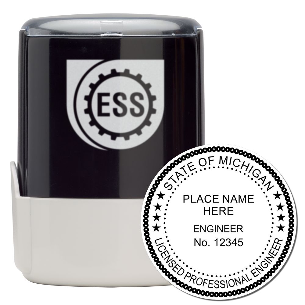 The main image for the Self-Inking Michigan PE Stamp depicting a sample of the imprint and electronic files