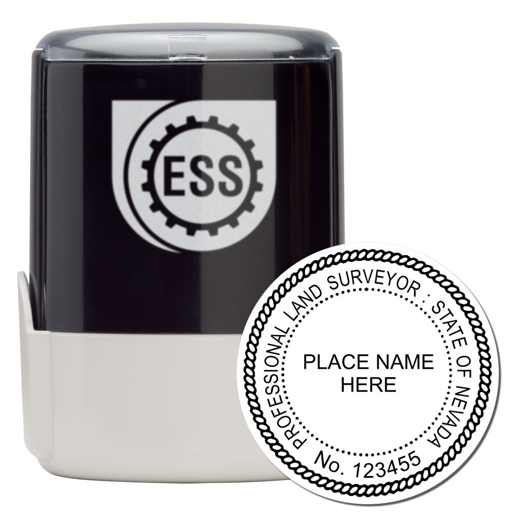 Self Inking Nevada Land Surveyor Stamp with ESS logo, black and white design, includes customizable text for professional use.