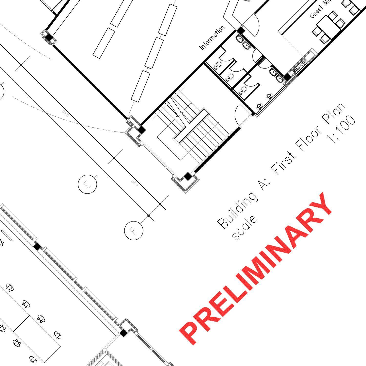 Architectural blueprint stamped with PRELIMINARY in red using a Self Inking Preliminary Stamp, indicating an initial draft stage.