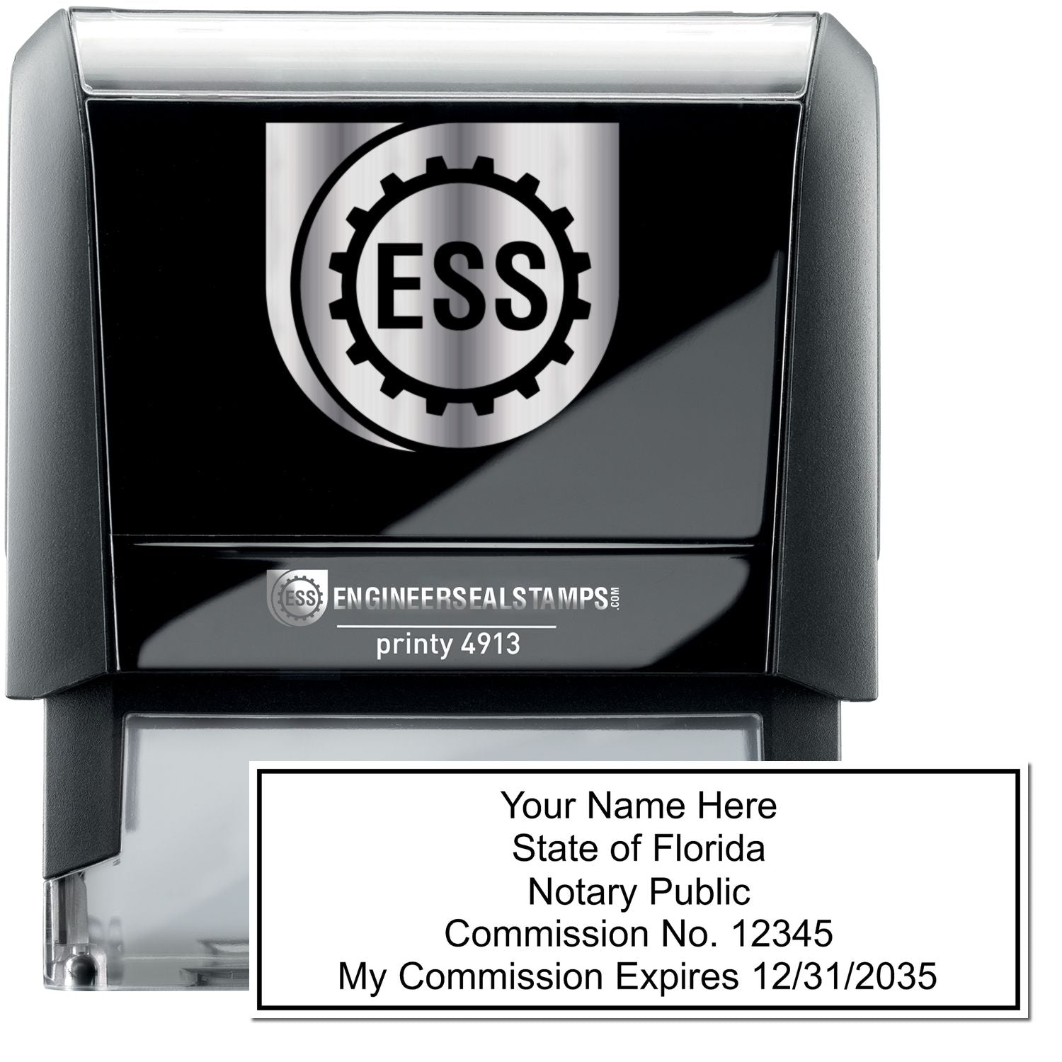 The main image for the Self-Inking Rectangular Florida Notary Stamp depicting a sample of the imprint and electronic files
