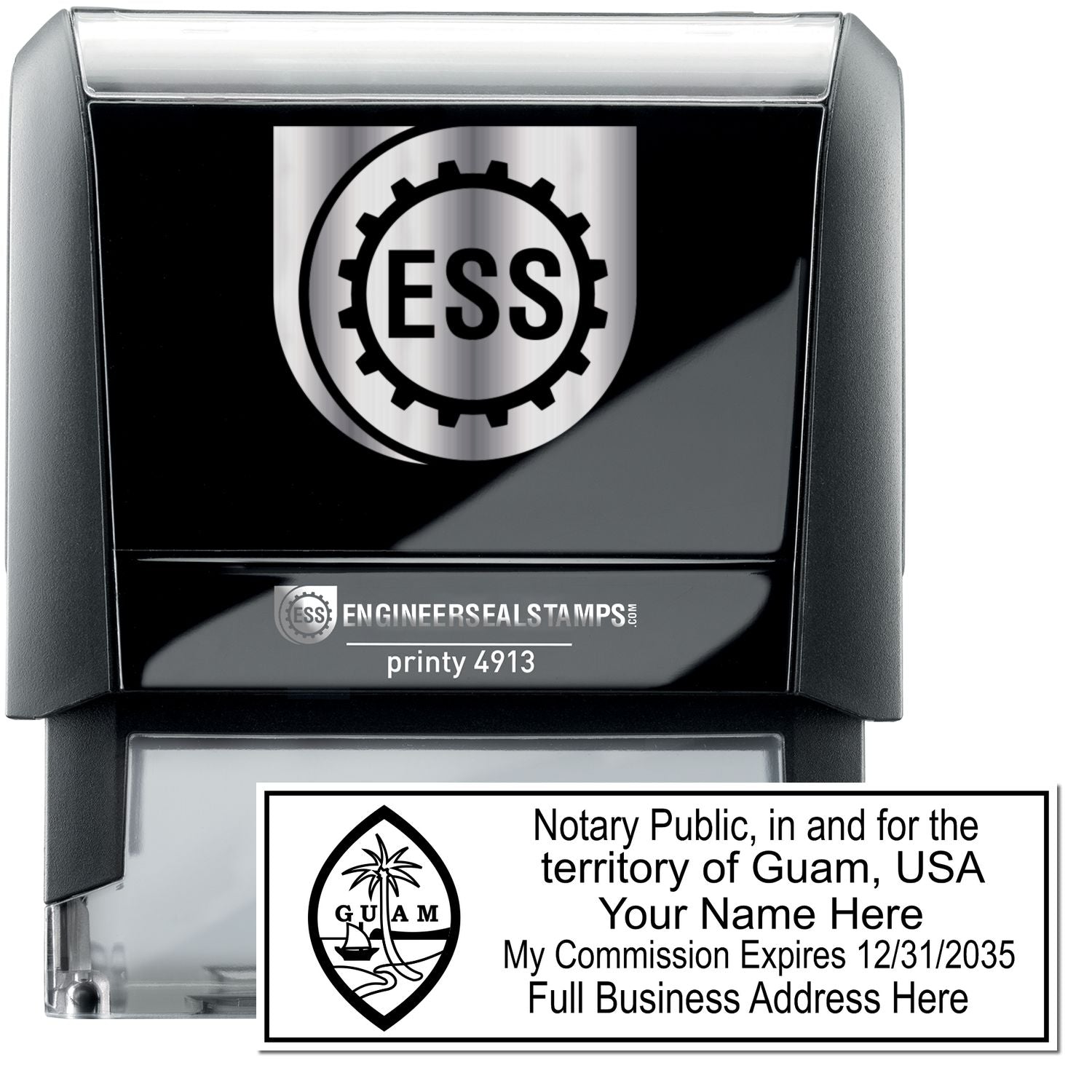 The main image for the Self-Inking Rectangular Guam Notary Stamp depicting a sample of the imprint and electronic files