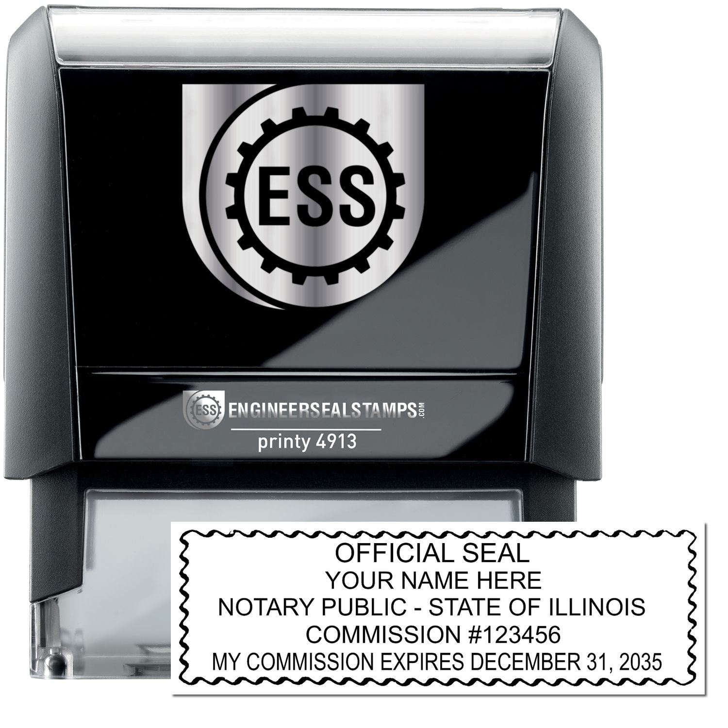 The main image for the Self-Inking Rectangular Illinois Notary Stamp depicting a sample of the imprint and electronic files
