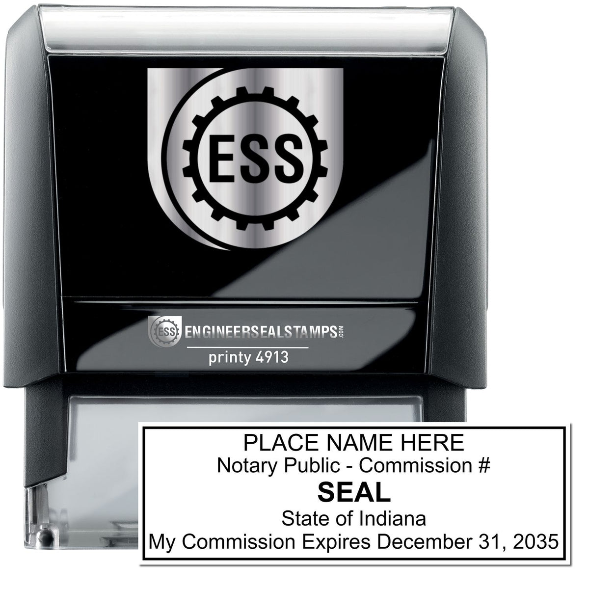The main image for the Self-Inking Rectangular Indiana Notary Stamp depicting a sample of the imprint and electronic files