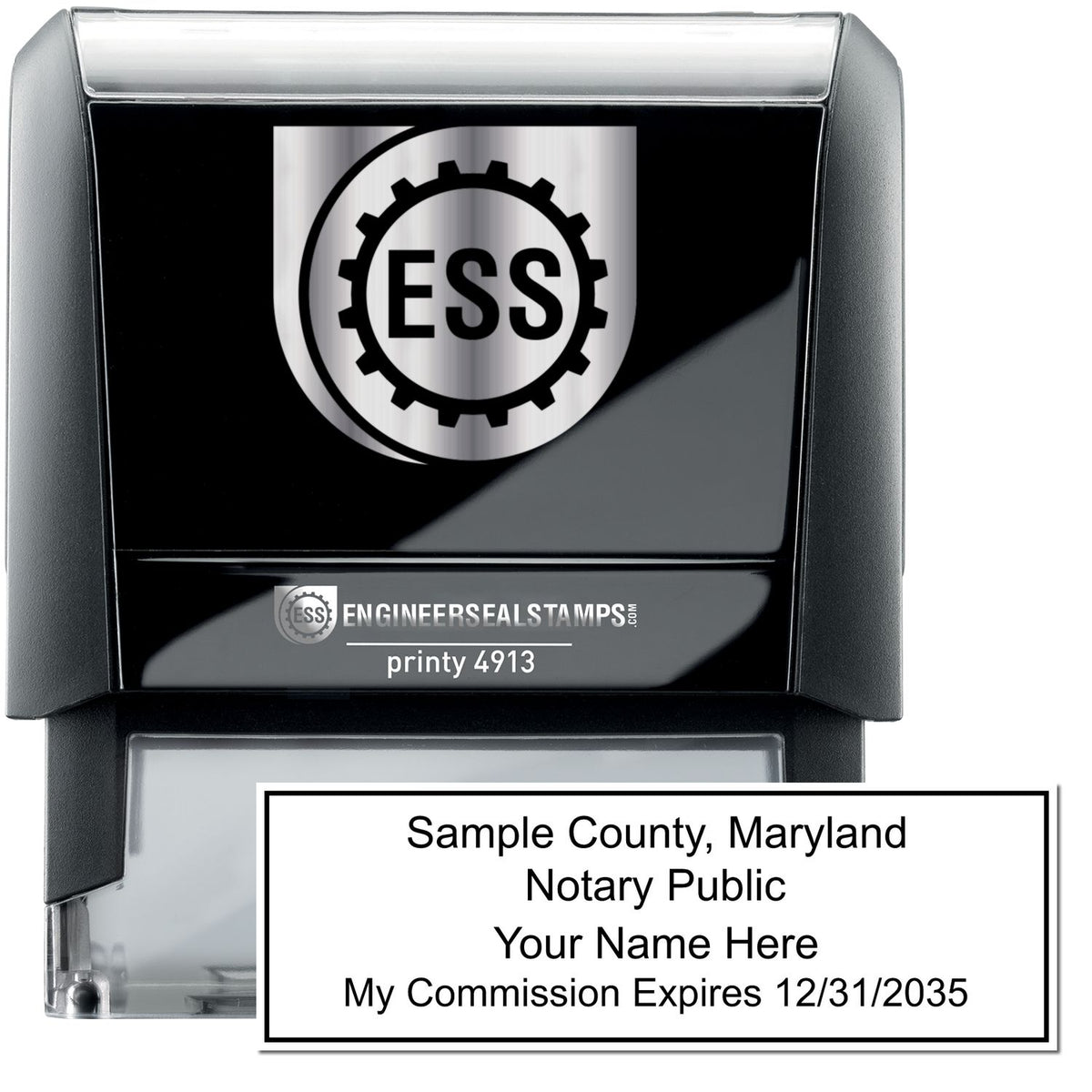 The main image for the Self-Inking Rectangular Maryland Notary Stamp depicting a sample of the imprint and electronic files