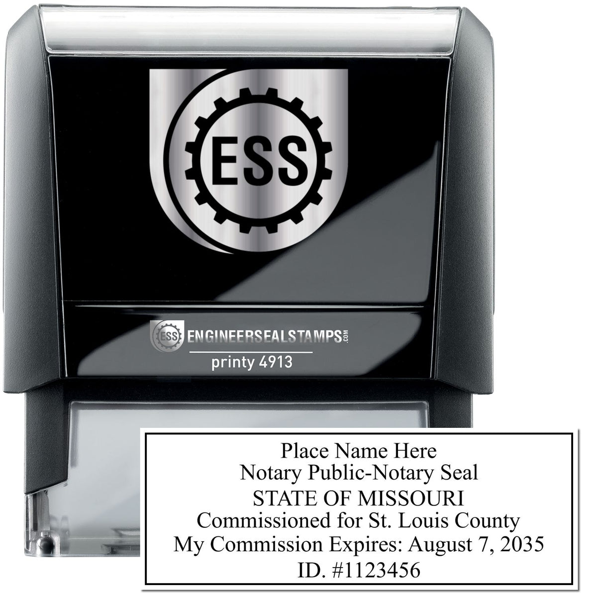 The main image for the Self-Inking Rectangular Missouri Notary Stamp depicting a sample of the imprint and electronic files