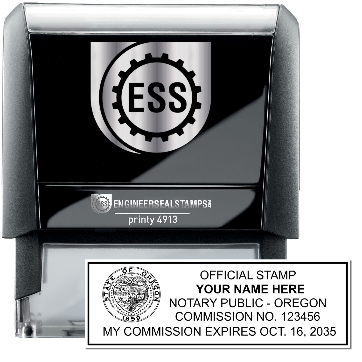 The main image for the Self-Inking Rectangular Oregon Notary Stamp depicting a sample of the imprint and electronic files