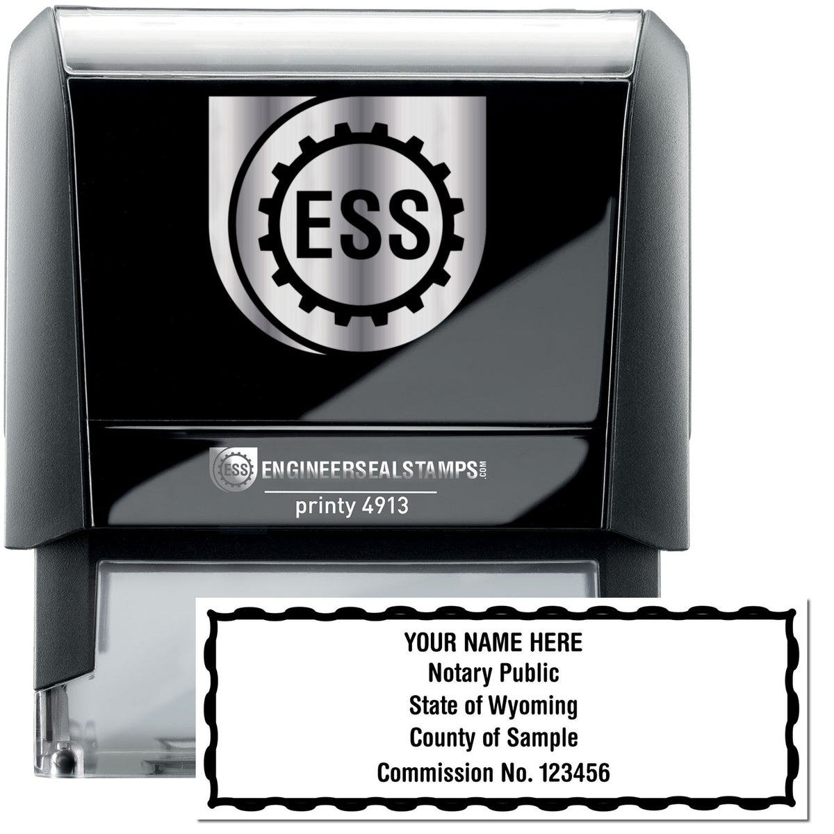 The main image for the Self-Inking Rectangular Wyoming Notary Stamp depicting a sample of the imprint and electronic files