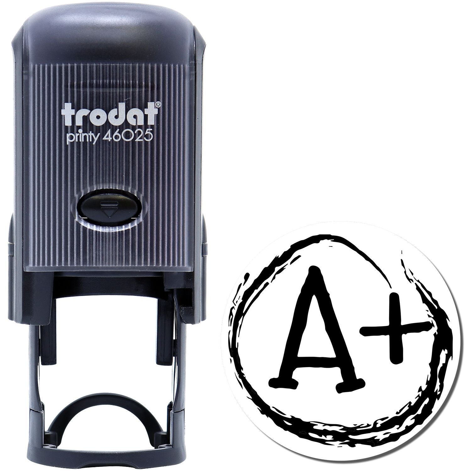 Self Inking Round A+ Stamp by Trodat, black, with a round imprint showing an A+ symbol. Ideal for grading and office use.