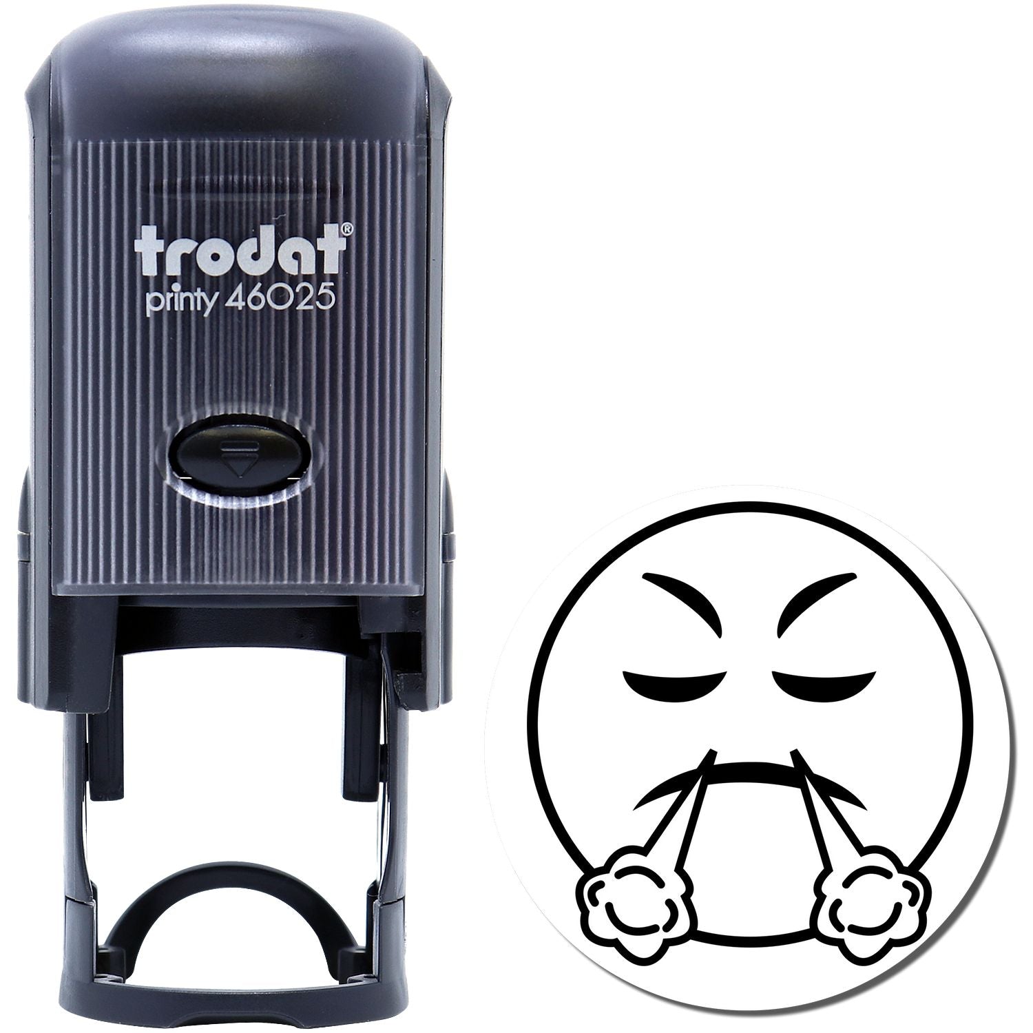 Self Inking Round Angry Smiley Stamp with a black casing and an imprint of an angry face with steam coming out of its nose.