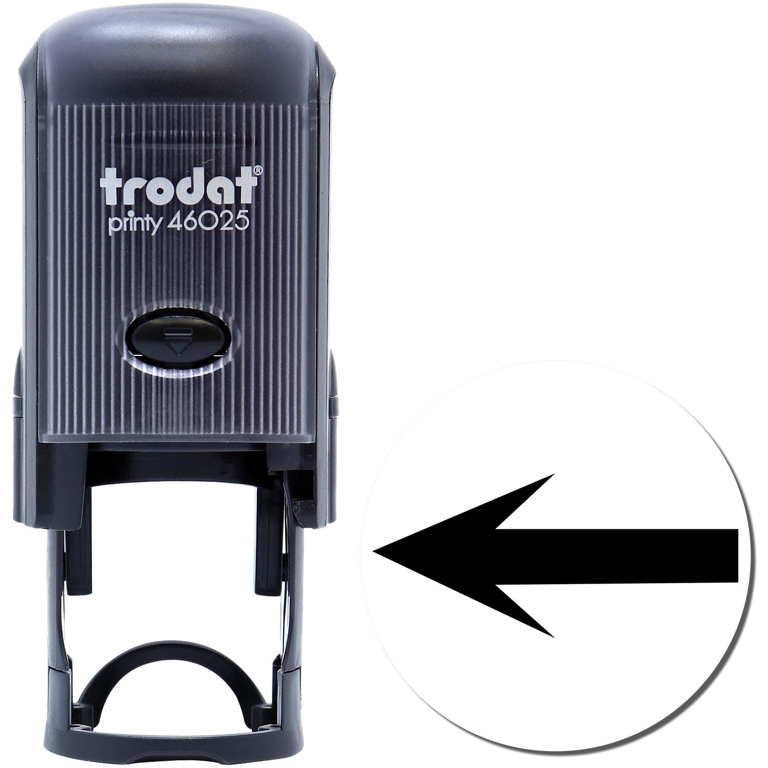 Self Inking Round Arrow Stamp by Trodat, black, with a round arrow design. Ideal for office use.