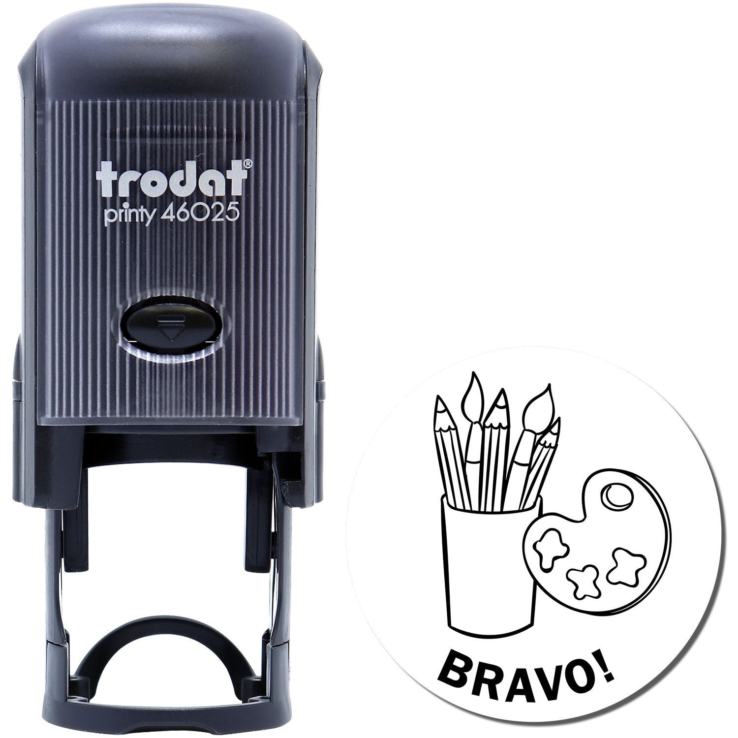 Self Inking Round Bravo Stamp with a black casing and a BRAVO! design featuring a paint palette and brushes.