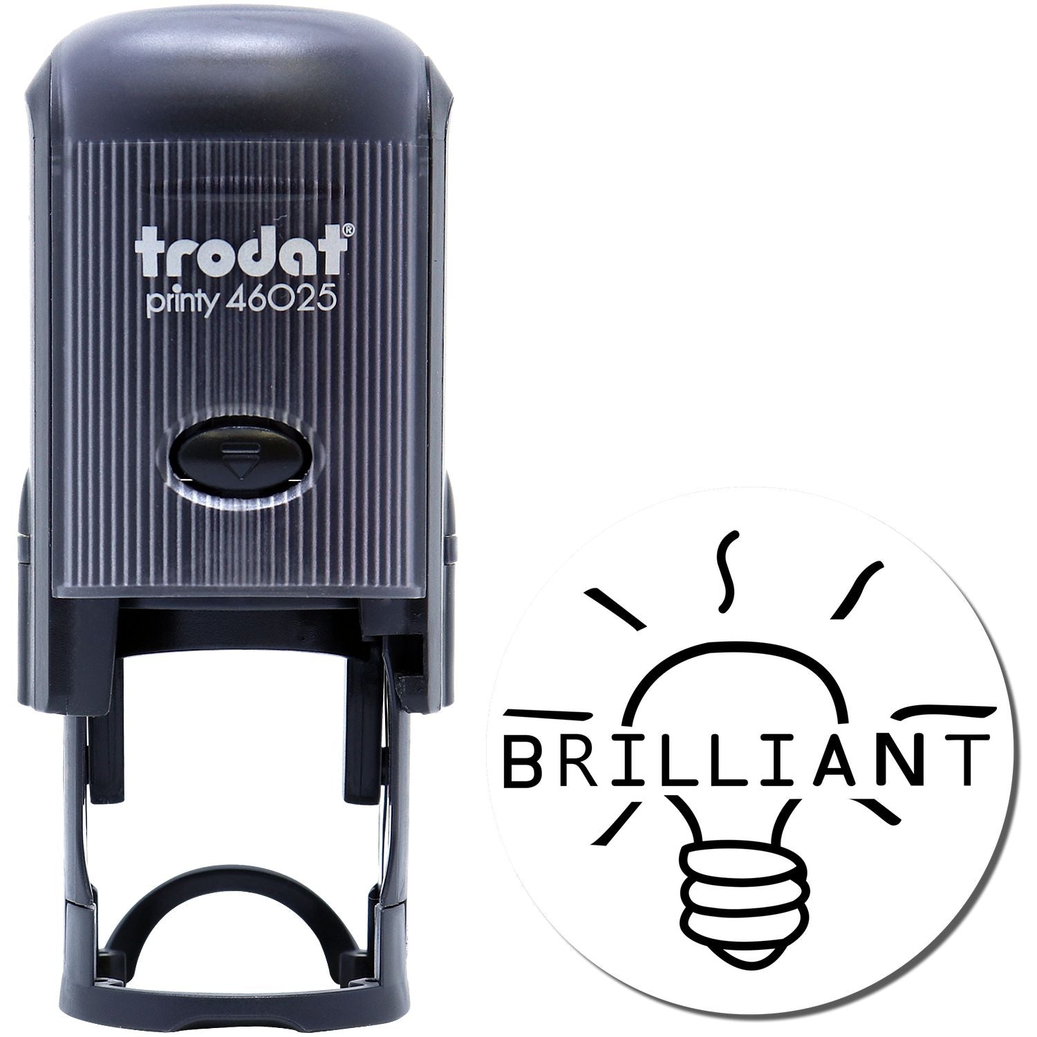 Self Inking Round Brilliant Stamp by Trodat, black, with a light bulb design and the word BRILLIANT stamped on a white background.