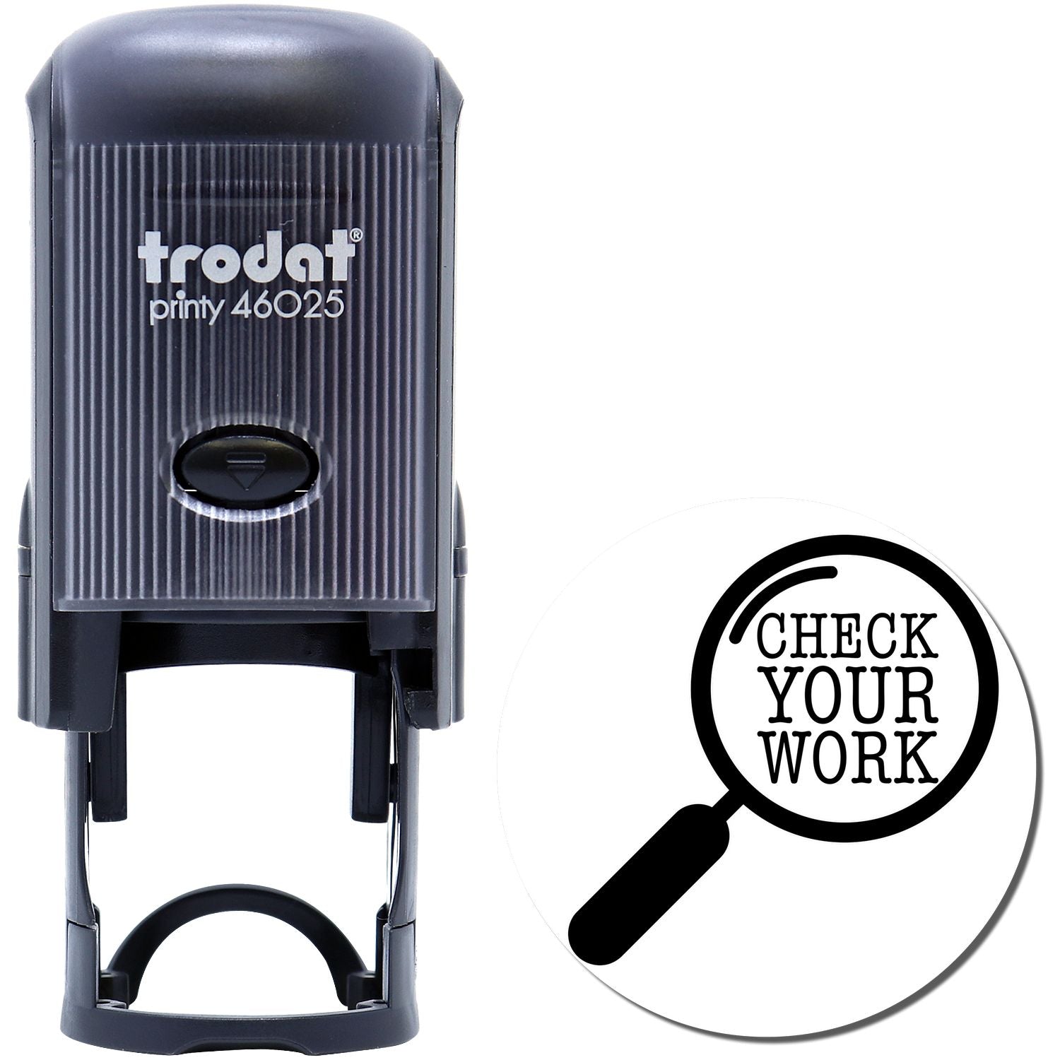 Self Inking Round Check Your Work Stamp with black casing and magnifying glass design imprinting CHECK YOUR WORK text.