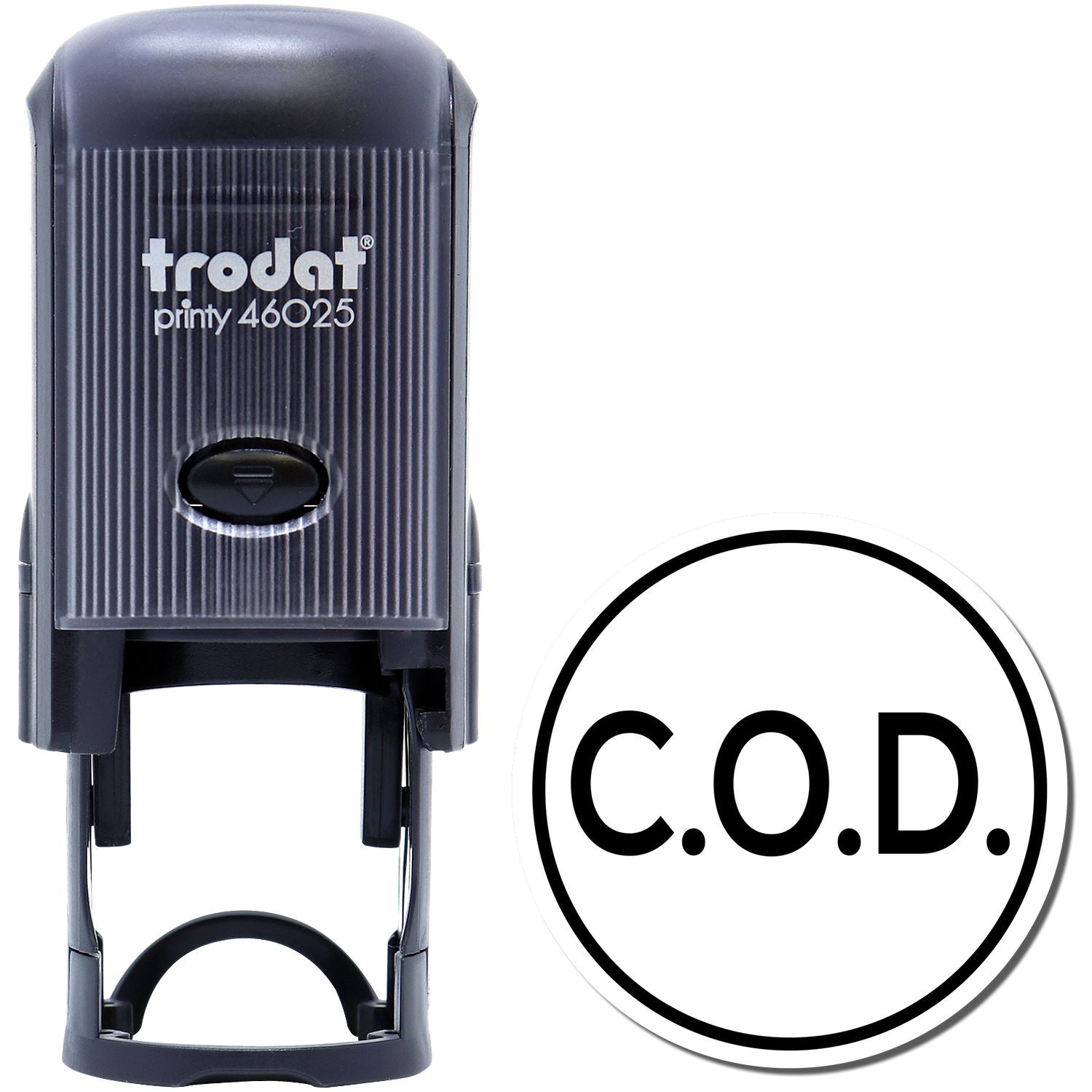 Self Inking Round COD Stamp with black casing and C.O.D. text imprint shown on the right.