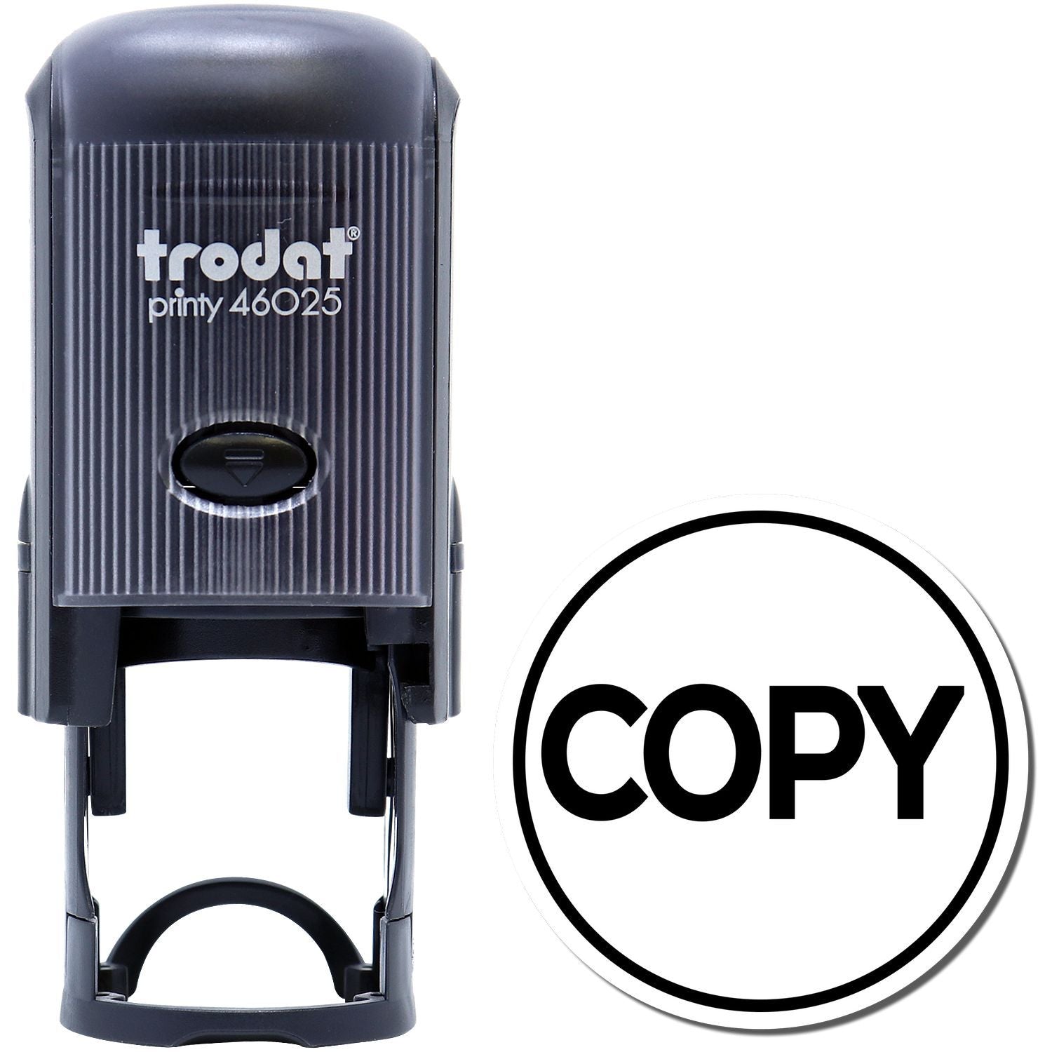 Self Inking Round Copy Stamp with black casing and COPY text imprint, shown alongside a sample of the stamped COPY mark.