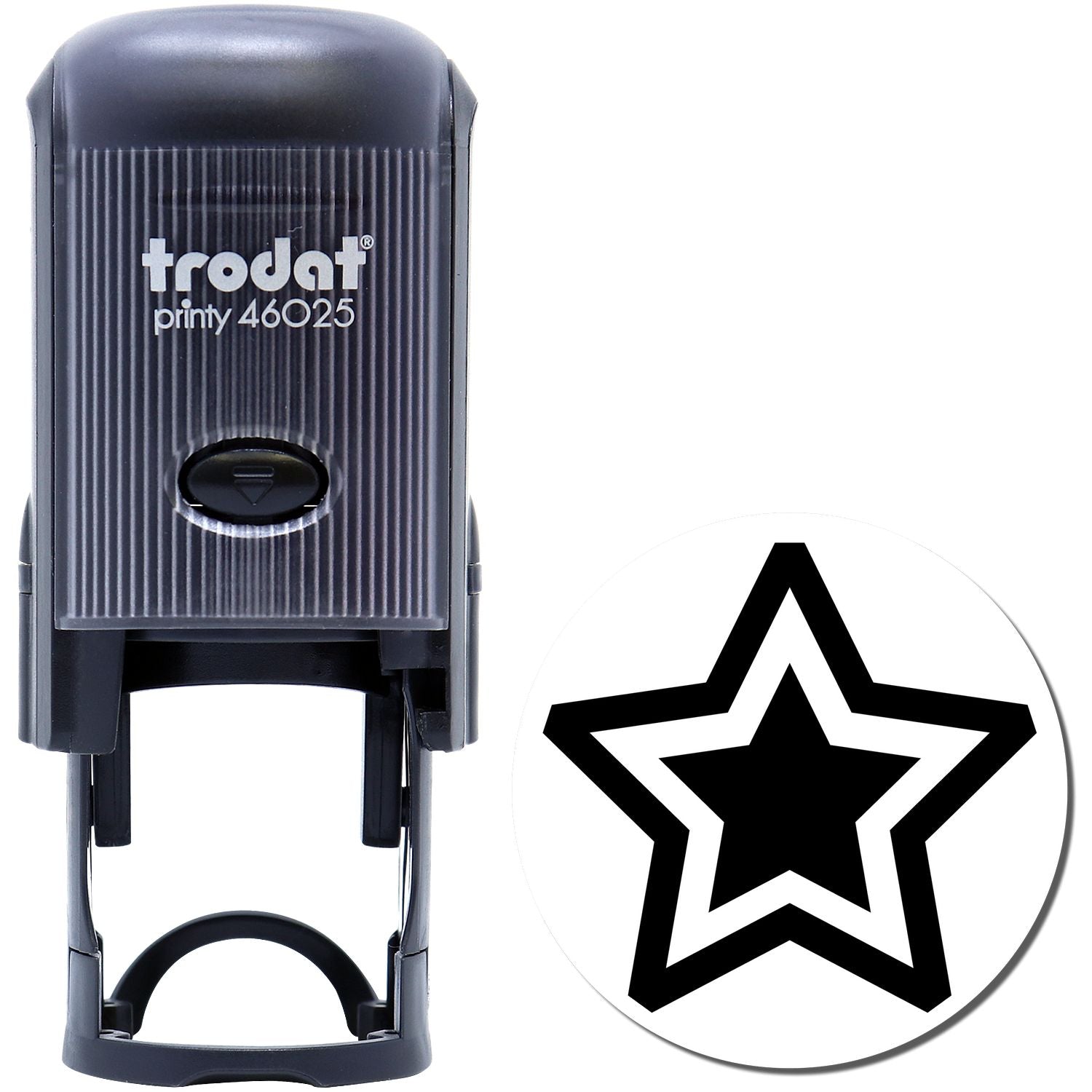 Self Inking Round Double Star Stamp by Trodat, black, with a double star design imprint shown next to the stamp.