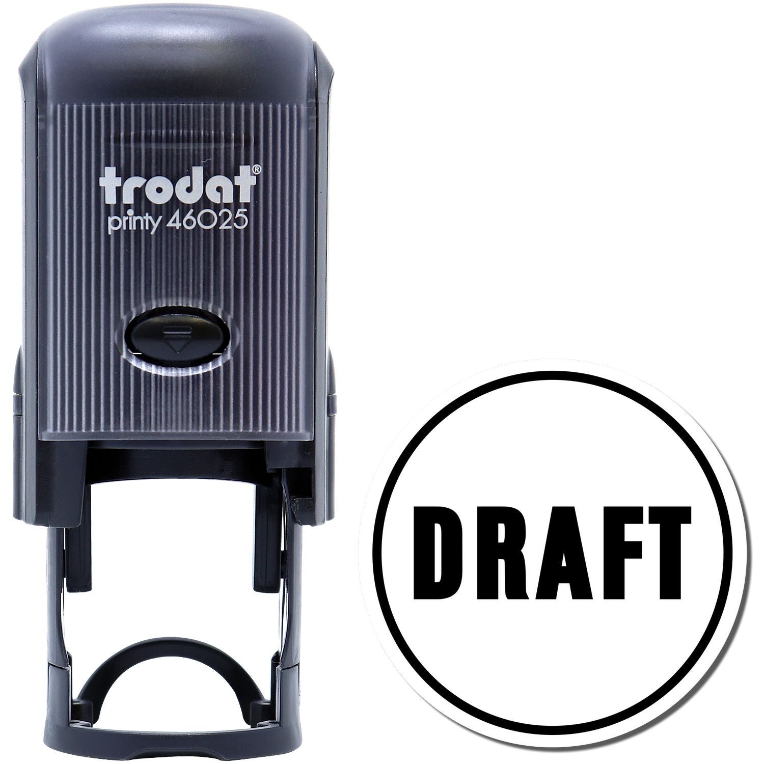 Self Inking Round Draft Stamp by Trodat, black, with DRAFT text in bold on a white circular imprint.