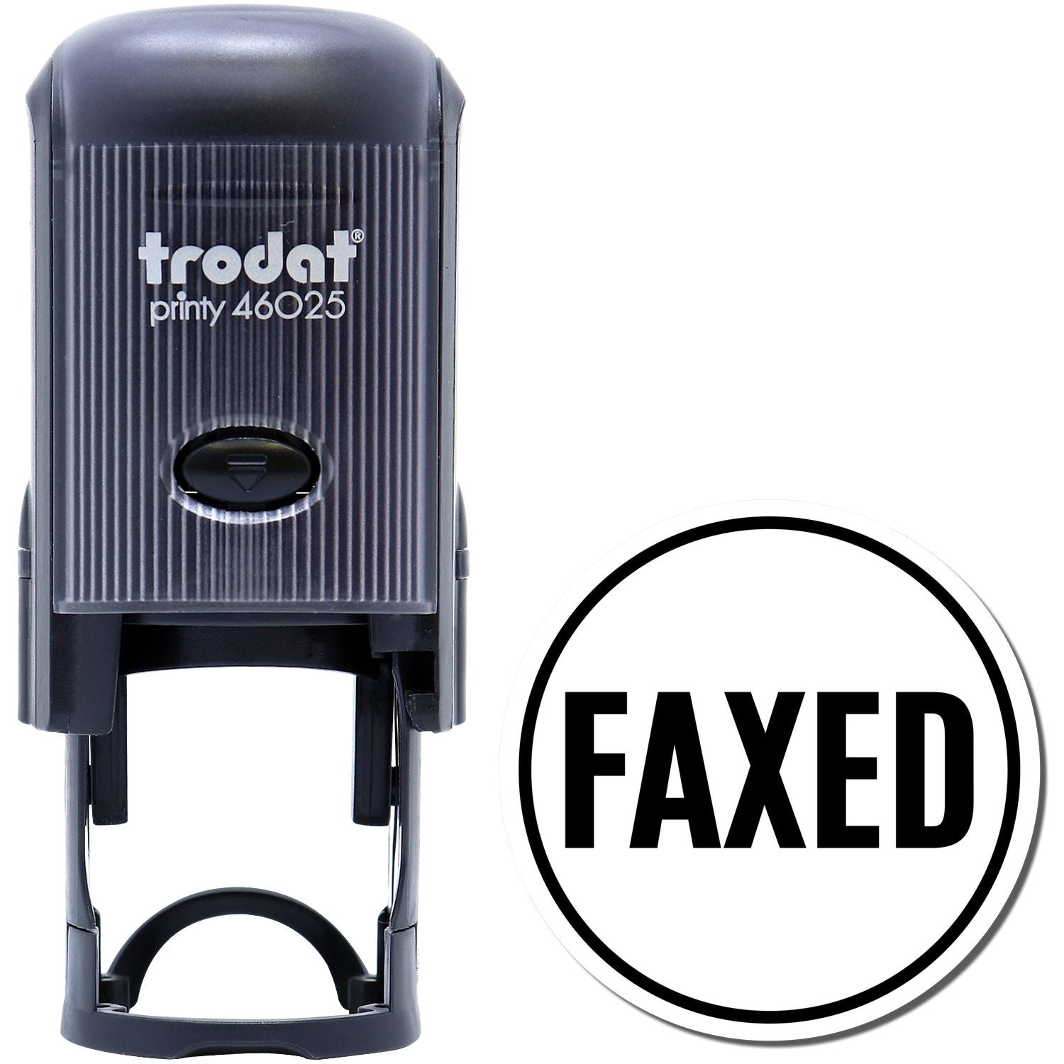 Self Inking Round Faxed Stamp by Trodat, black, with a round FAXED imprint next to the stamp.