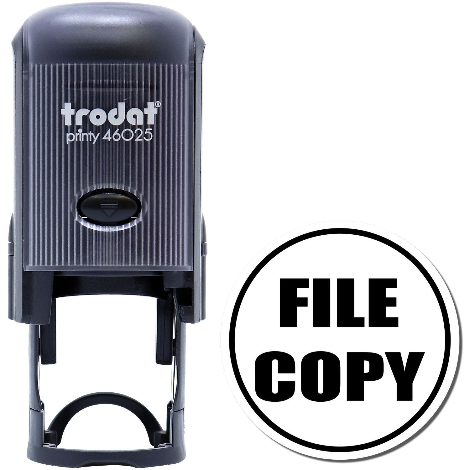 Self Inking Round File Copy Stamp with black casing and FILE COPY text in bold on a white circular imprint.