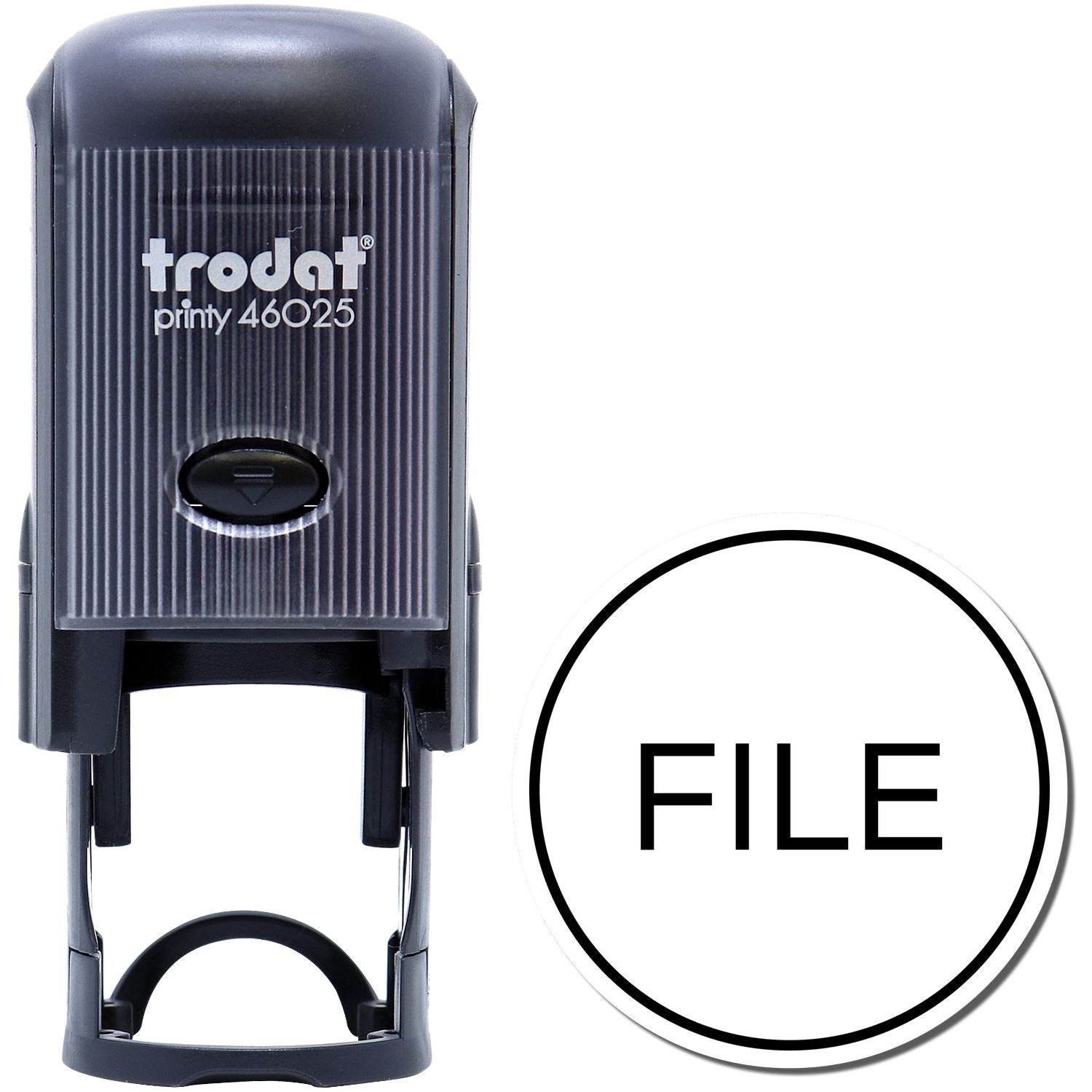 Self Inking Round File Stamp by Trodat, model 46025, in black. The stamp is shown with the word FILE imprinted in a circle.