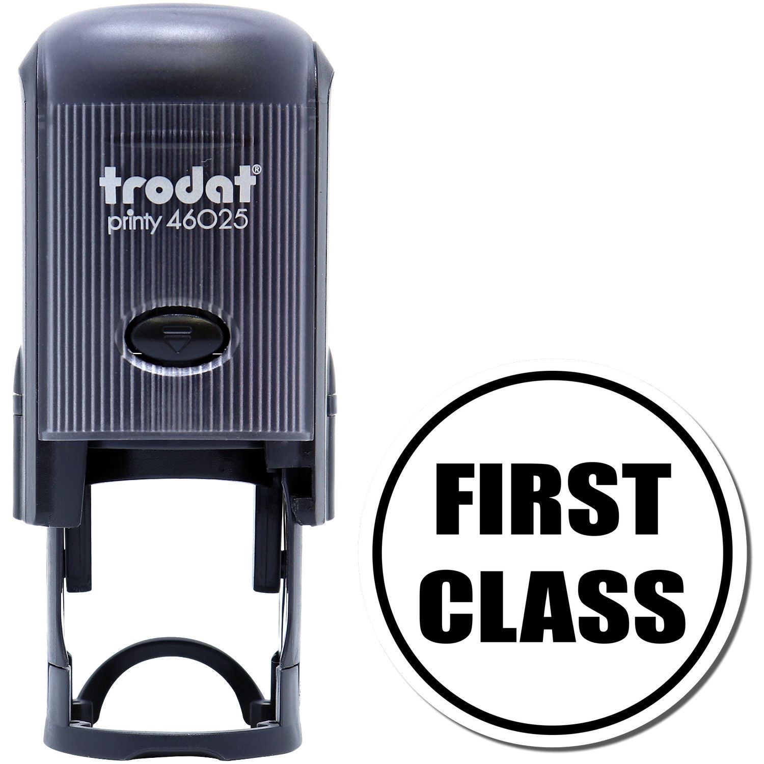 Self Inking Round First Class Stamp by Trodat, model 46025, in black with First Class text on a round imprint.