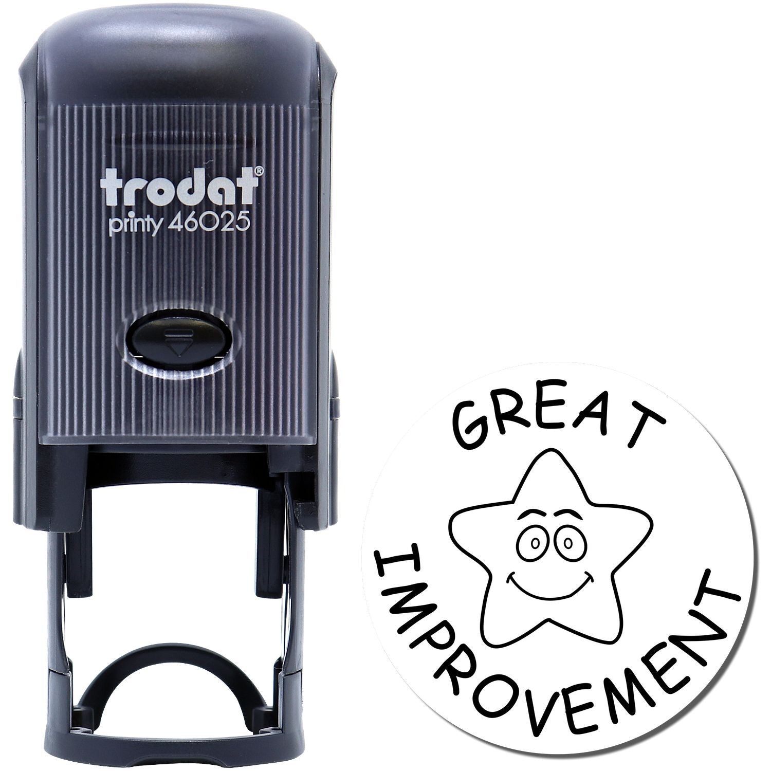 Self Inking Round Great Improvement Stamp with a black handle and a smiling star design on the stamp imprint, labeled GREAT IMPROVEMENT.