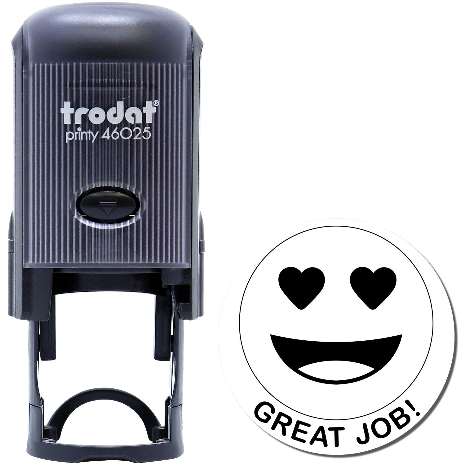 Self Inking Round Great Job Smiley Stamp with a black casing and a smiley face design featuring heart eyes and the text GREAT JOB!