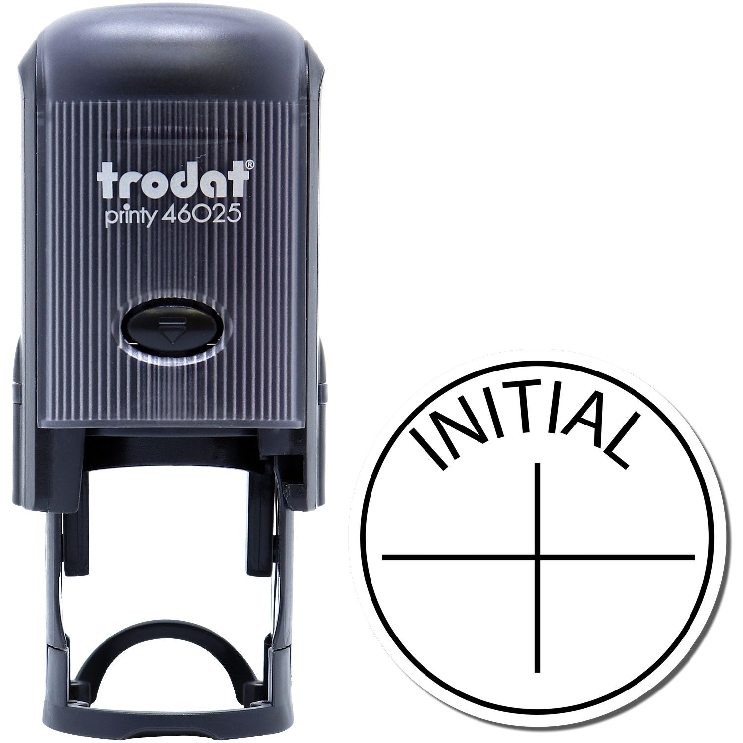 Self Inking Round Initial Stamp with black casing and trodat printy 46025 branding, shown with a sample initial stamp imprint.