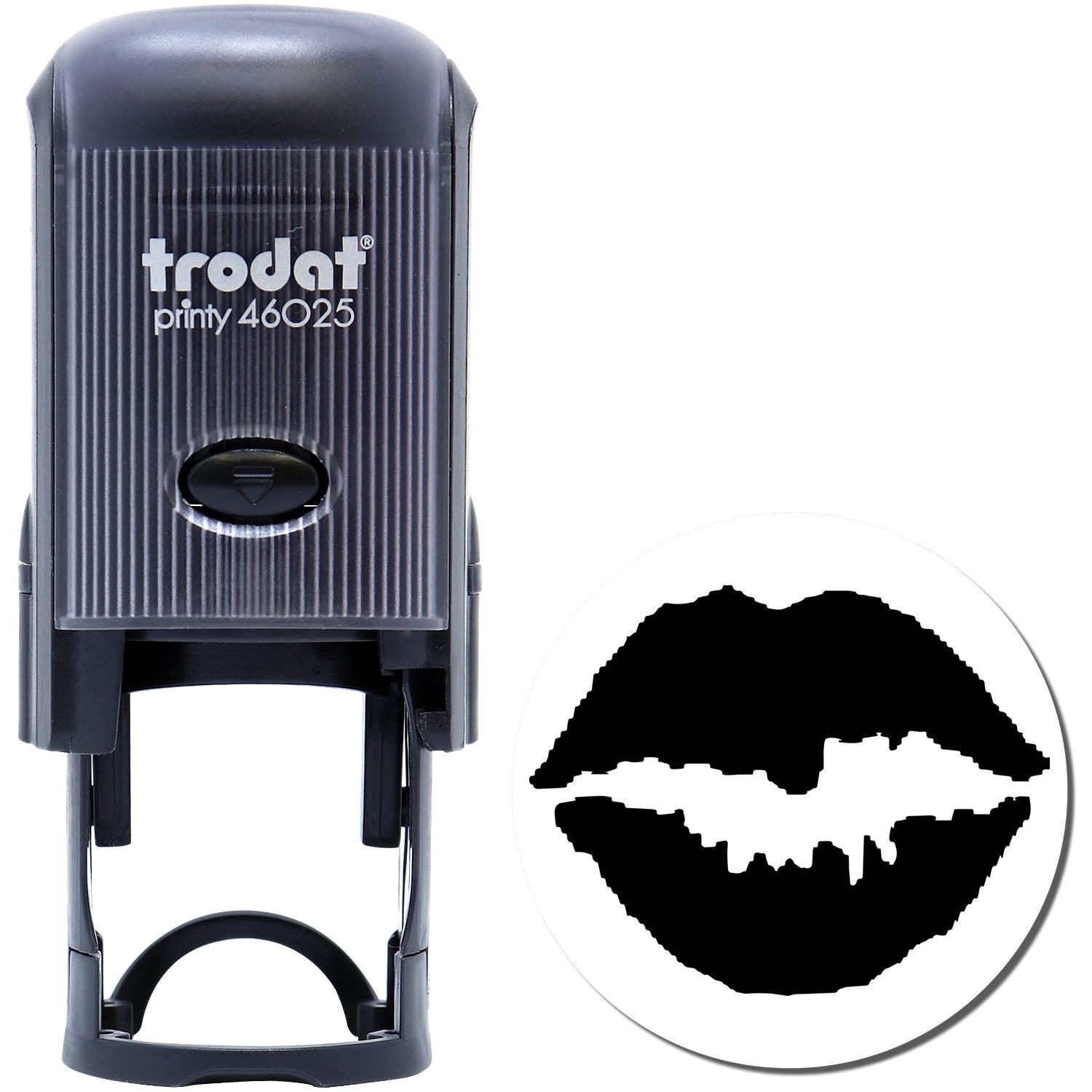 Self Inking Round Kiss Stamp by Trodat, featuring a black plastic casing and a round imprint of lips in black ink.