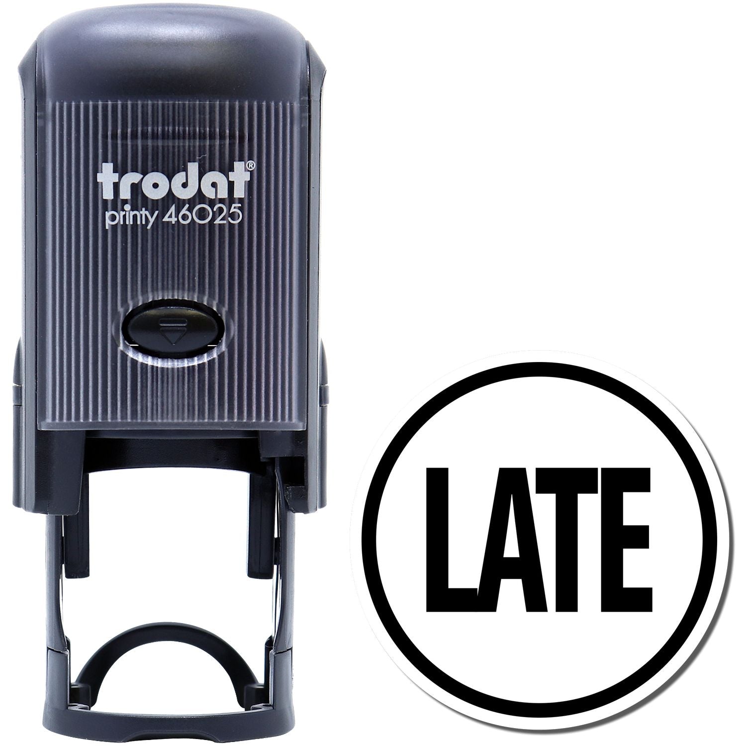 Self Inking Round Late Stamp by Trodat, black, with LATE text imprint, shown alongside the stamp impression.