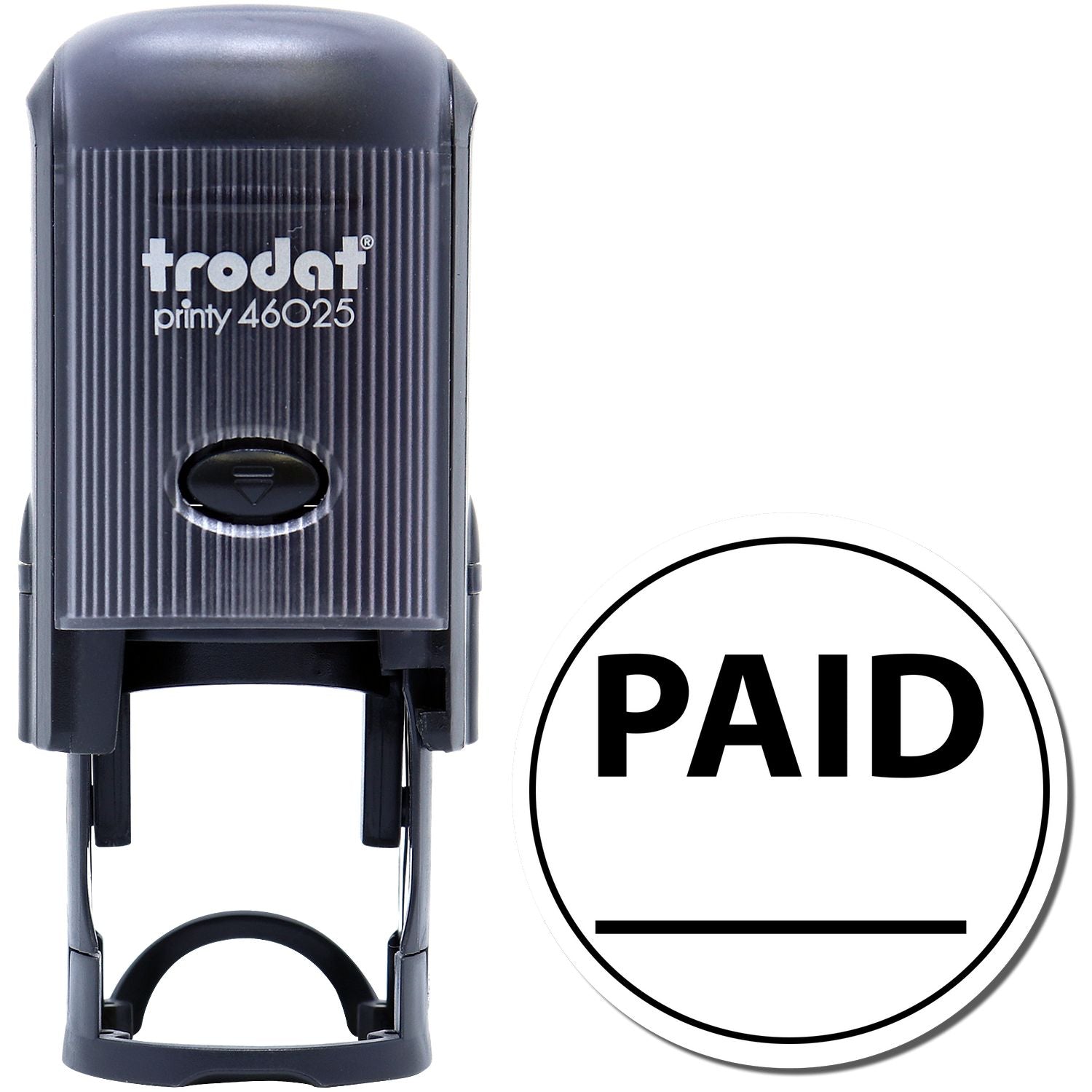 Self Inking Round Paid with Line Stamp, black, with PAID text and line, Trodat Printy 46025 model, shown with stamp impression.