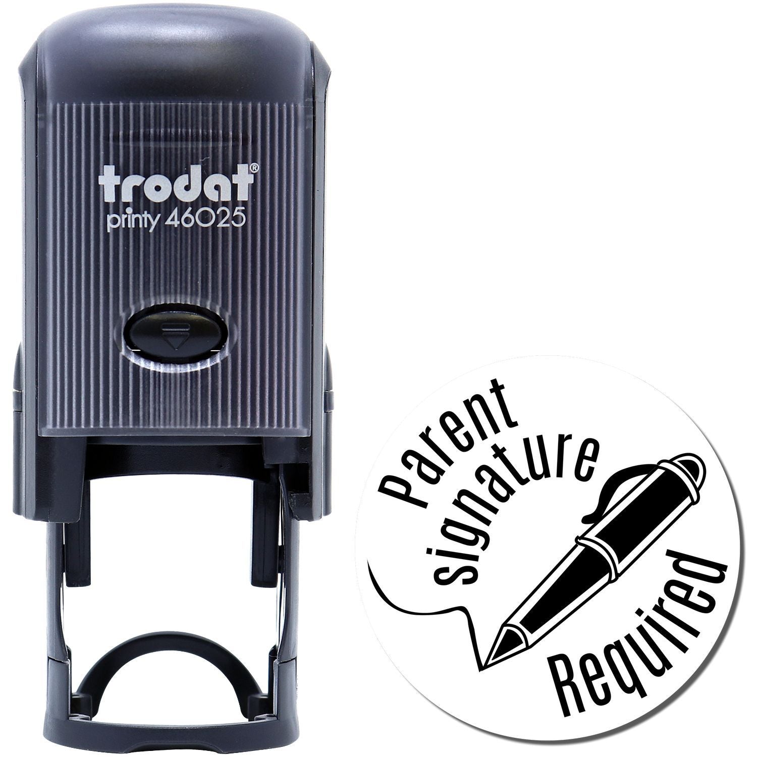 Self Inking Round Parent Signature Required Stamp with black casing and a sample imprint showing Parent Signature Required with a pen graphic.