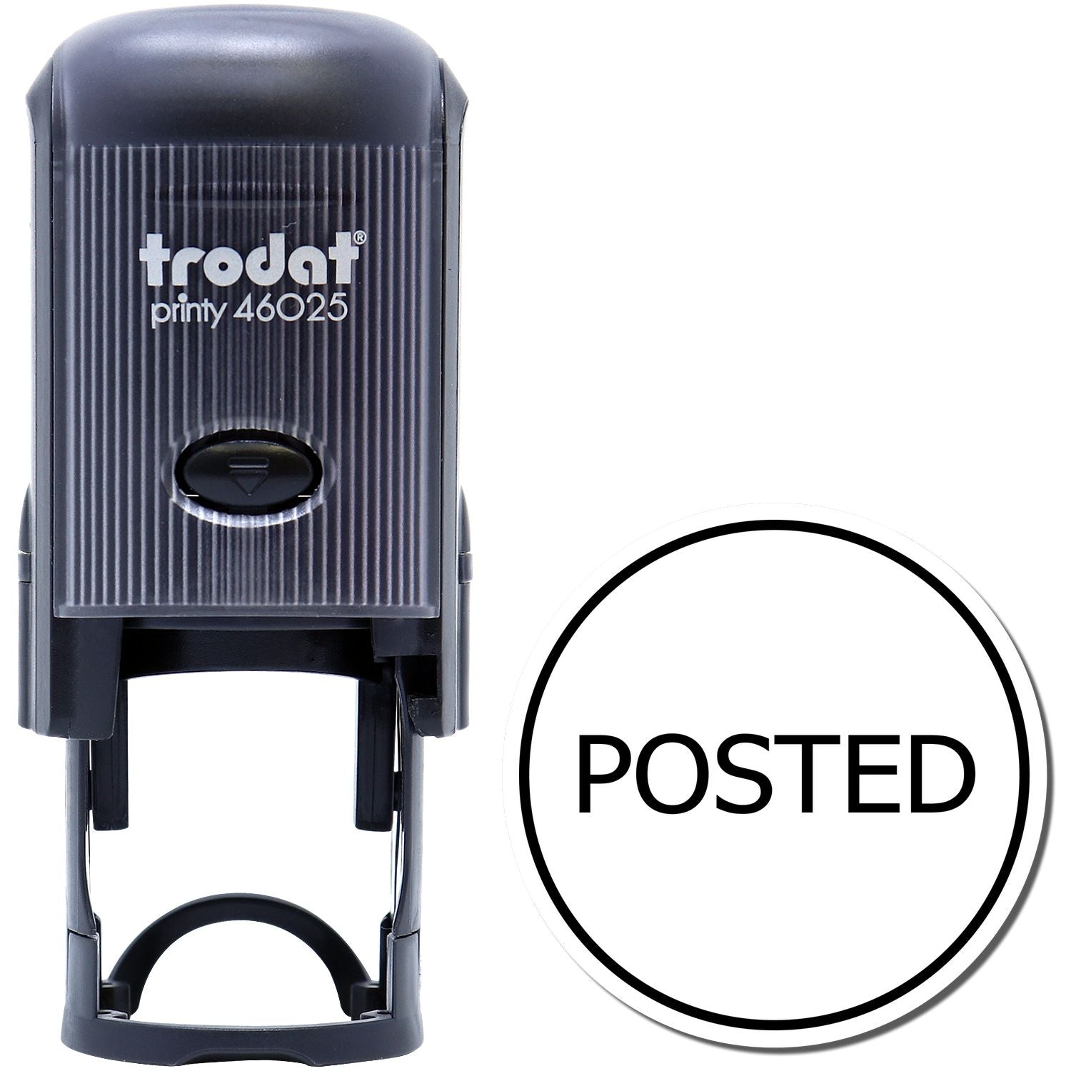 Self Inking Round Posted Stamp by Trodat, model 46025, in black. The stamp shows the word POSTED in bold letters within a round border.