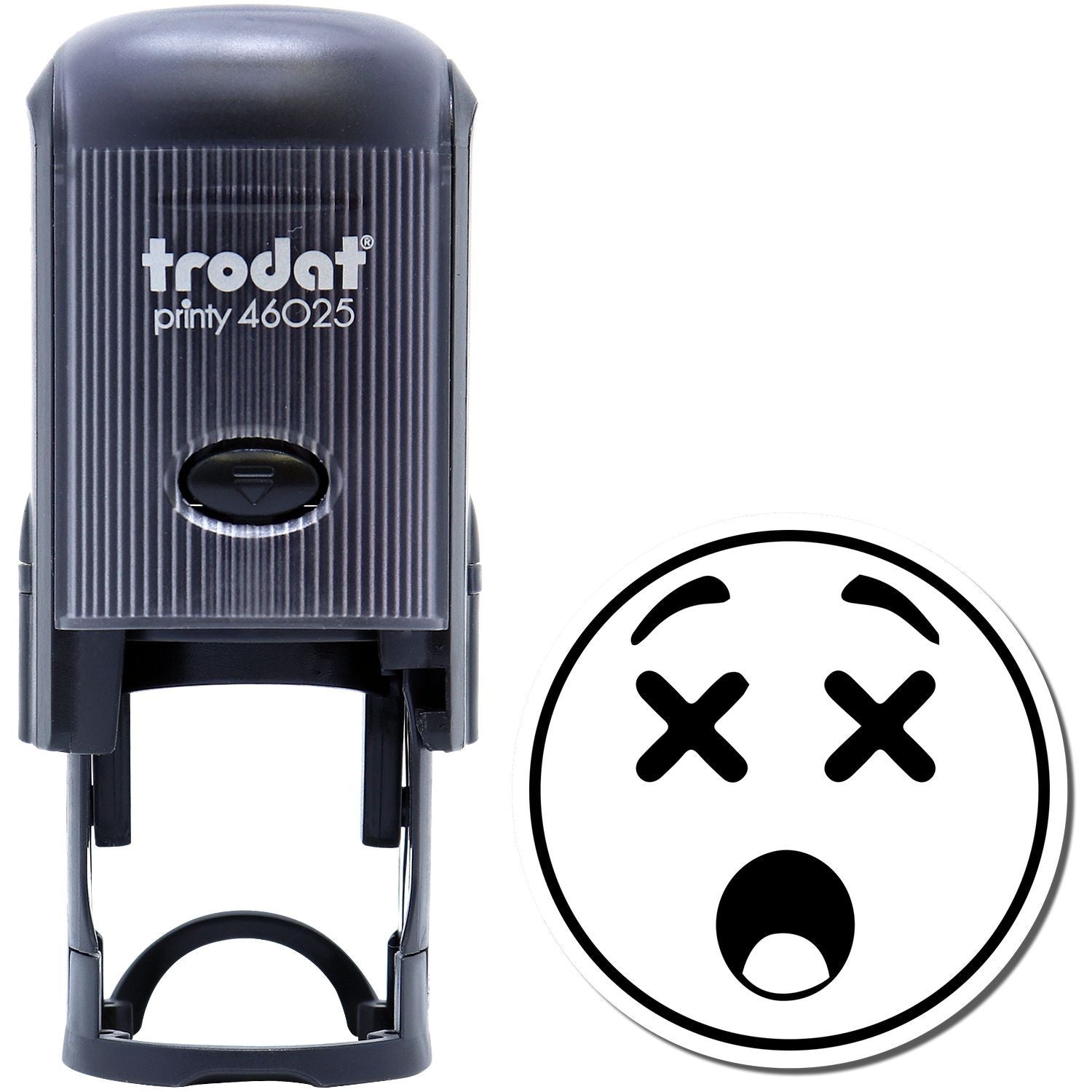 Self Inking Round Shocked Smiley Stamp with black casing and a shocked smiley face imprint beside it.