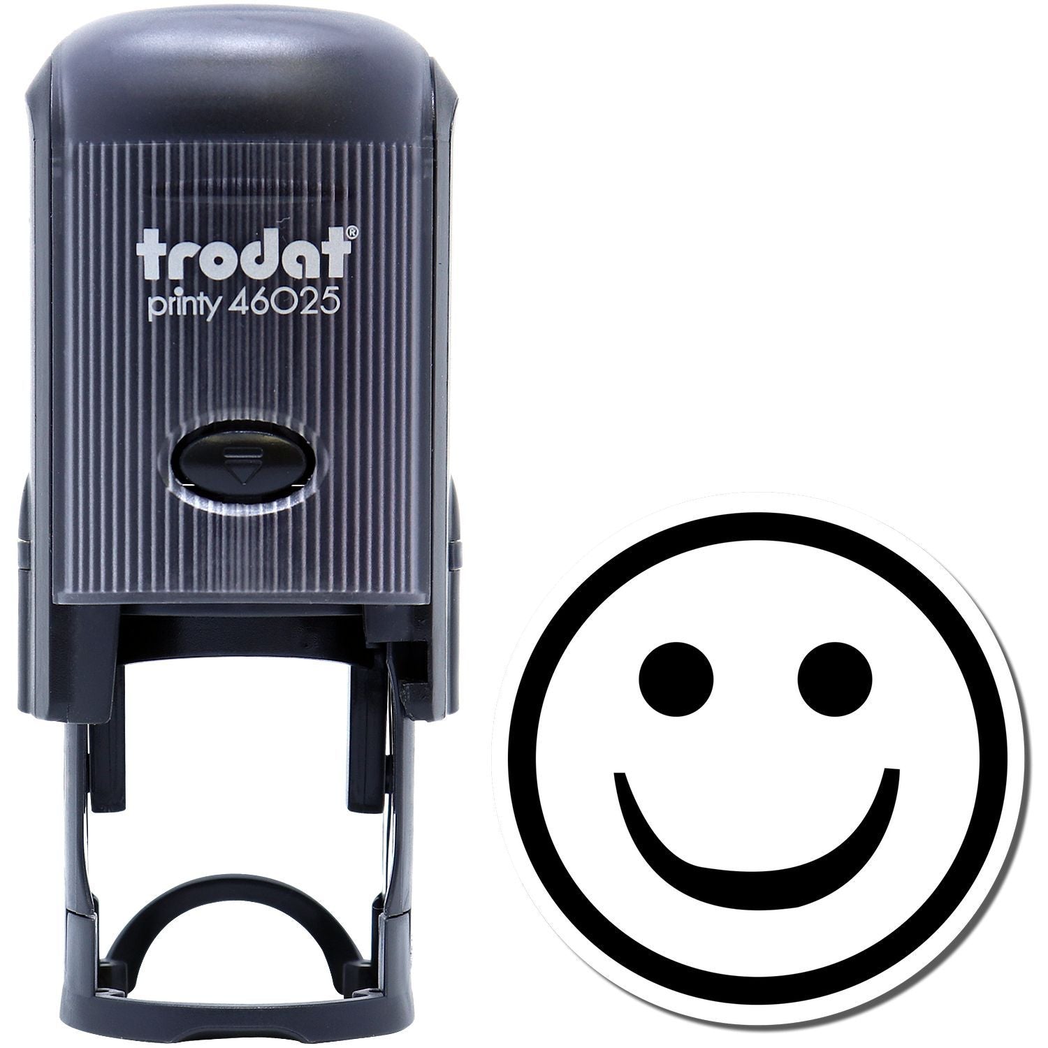 Self Inking Round Smiley Stamp by Trodat, black, with a smiley face imprint next to the stamp.