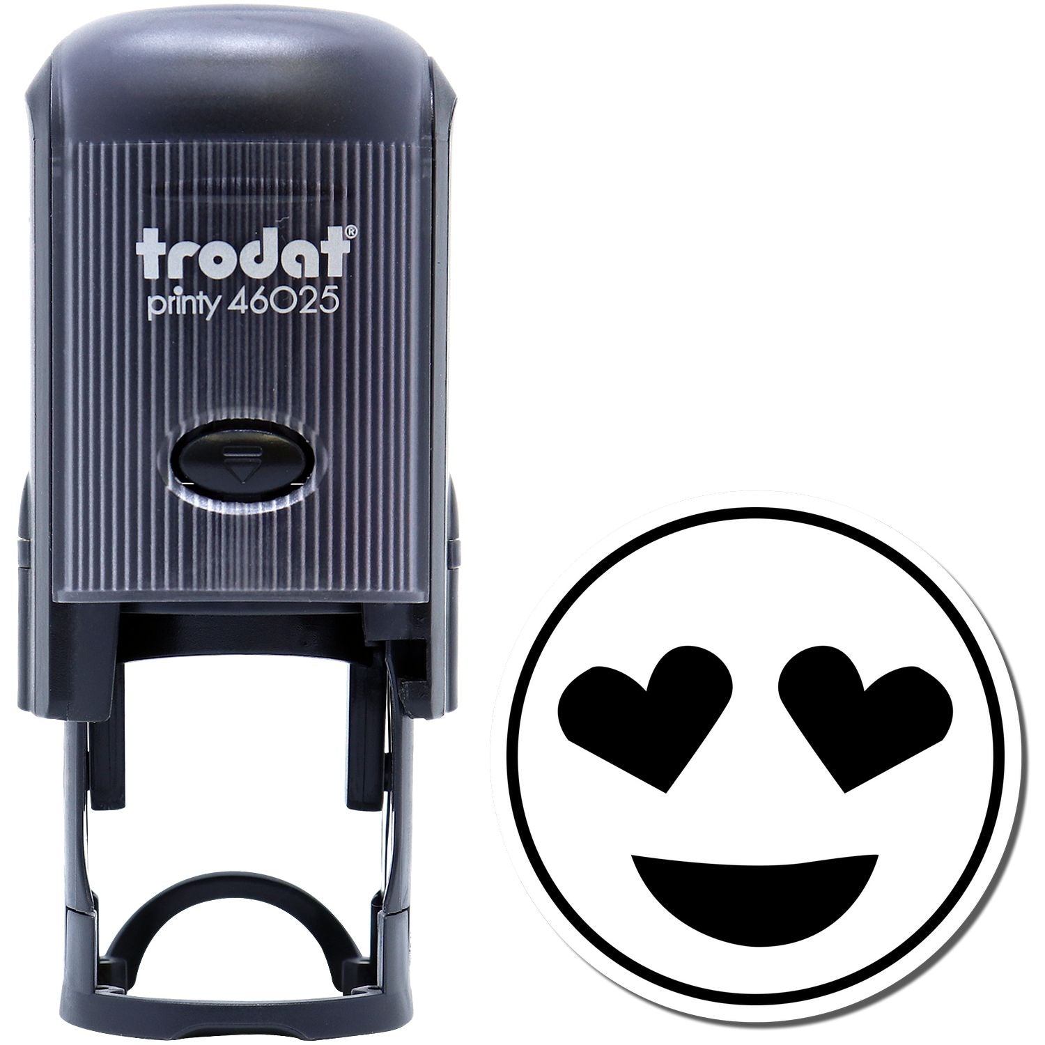 Self Inking Round Smiley with Hearts Stamp by Trodat, featuring a black casing and a smiley face with heart eyes imprint.